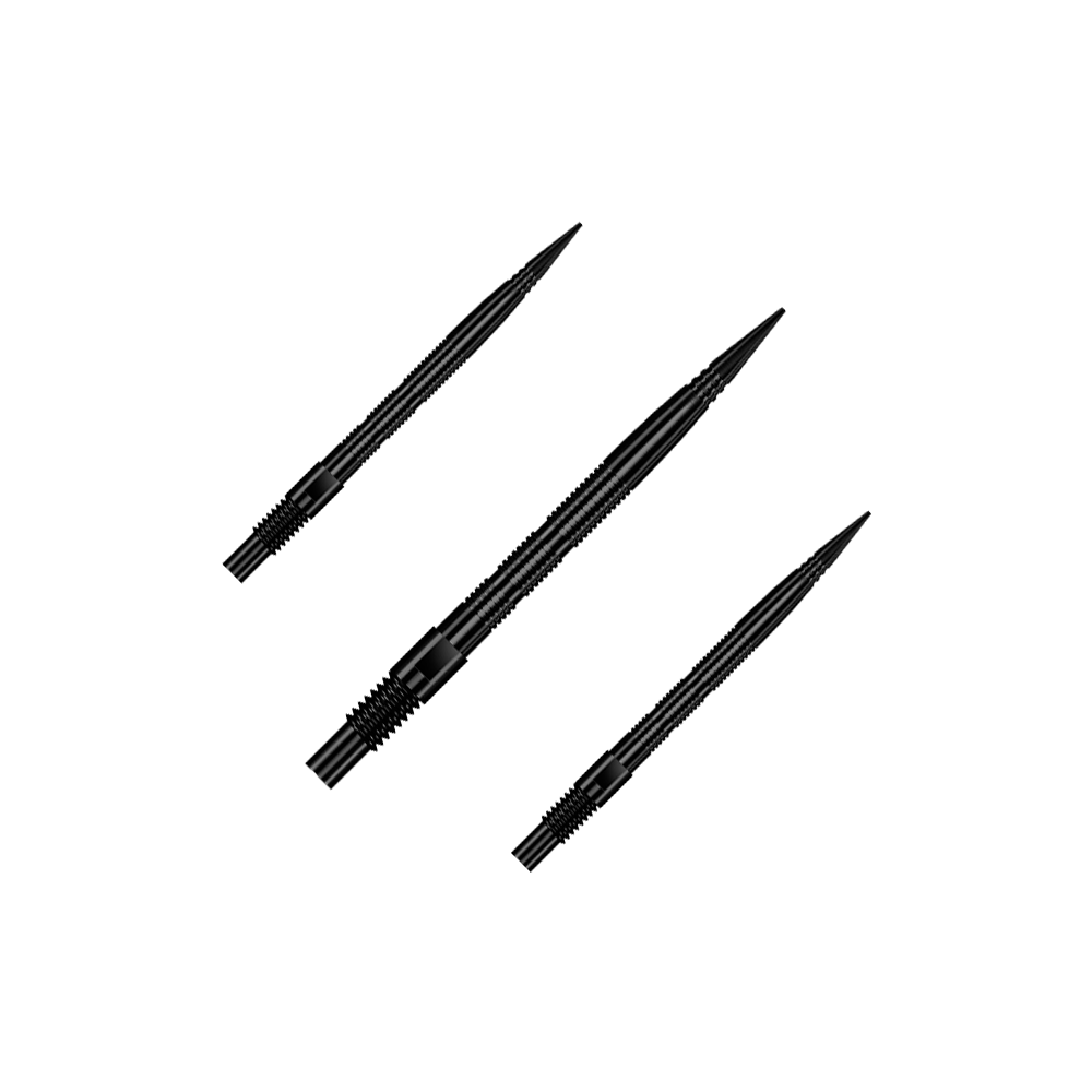 Harrows Quick Point Micro Ridge Dart Tips - Black Das Bild zeigt ein Set aus schwarzen Dartspitzen mit Rillen. Dieses Zubehör wird für Dartpfeile verwendet.