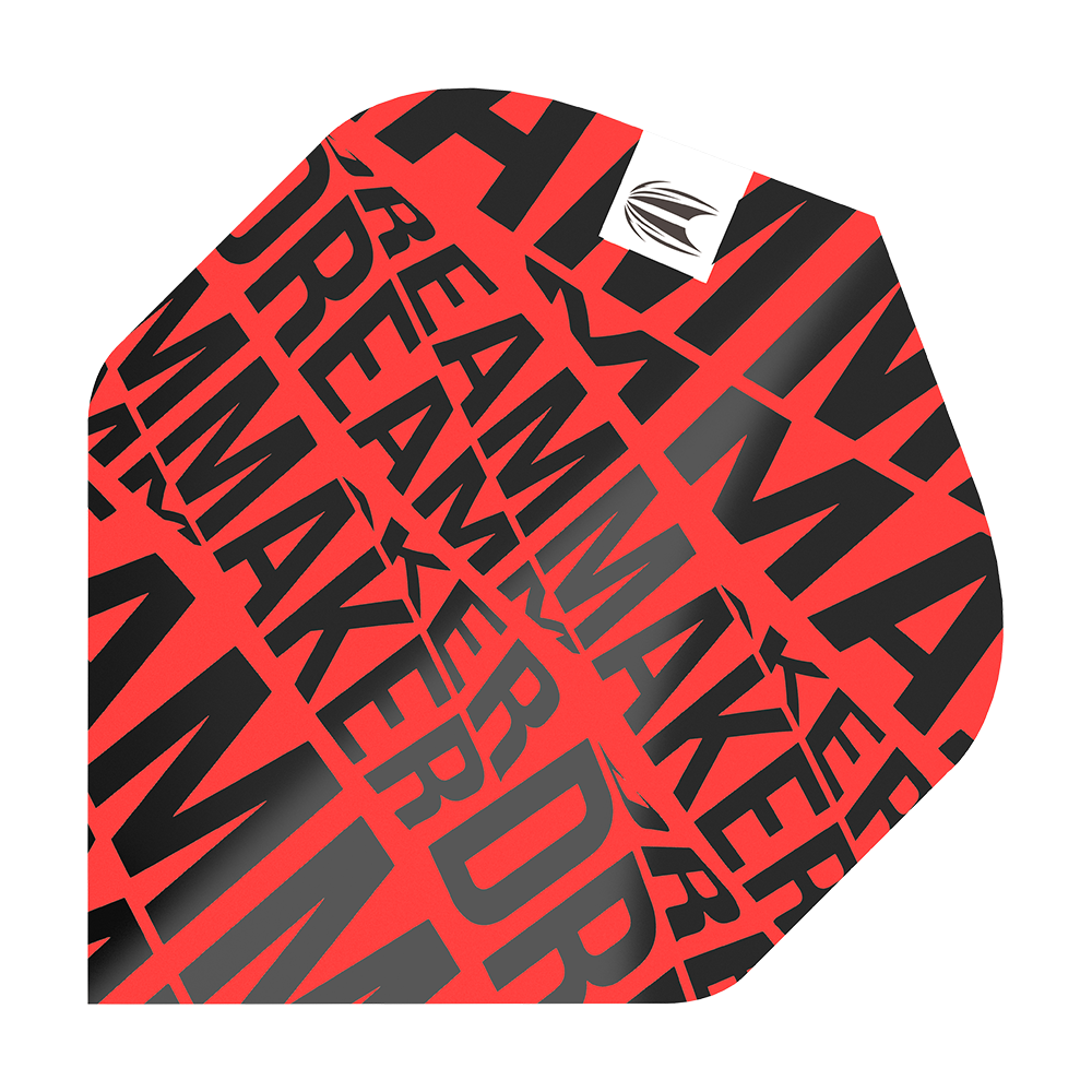 TG82_336580_Target_Pro_Ultra_Dimitri_Van_Den_Bergh_Red_No2_Standard_Flights_1 Dies ist ein Dart-Flight in leuchtendem Rot mit schwarzer Aufschrift. Auf dem Flight steht mehrfach das Wort "DREAMMAKER" in verschiedenen Größen.