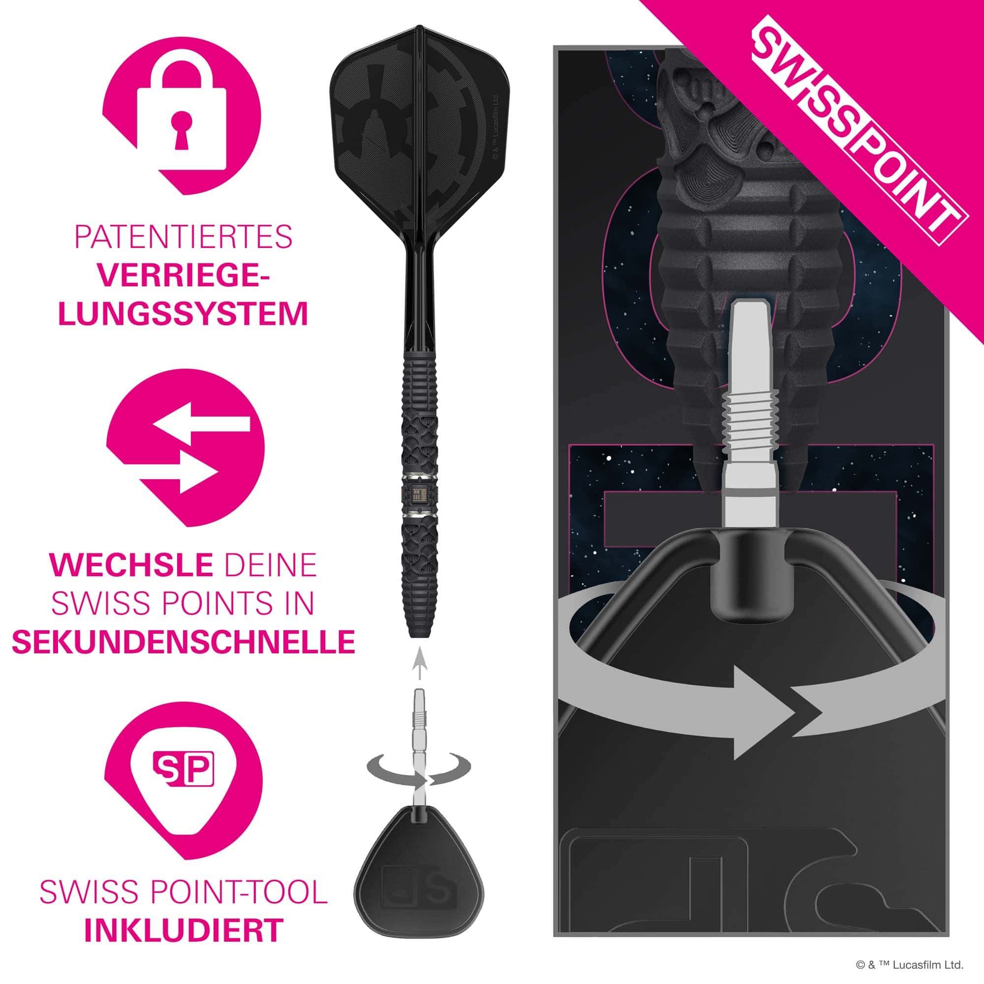 Dieses Bild zeigt die Target Star Wars Darth Vader 95 Swiss Point Steeldarts. Die Darts sind im Star Wars Design mit Darth Vader-Motiv gestaltet.