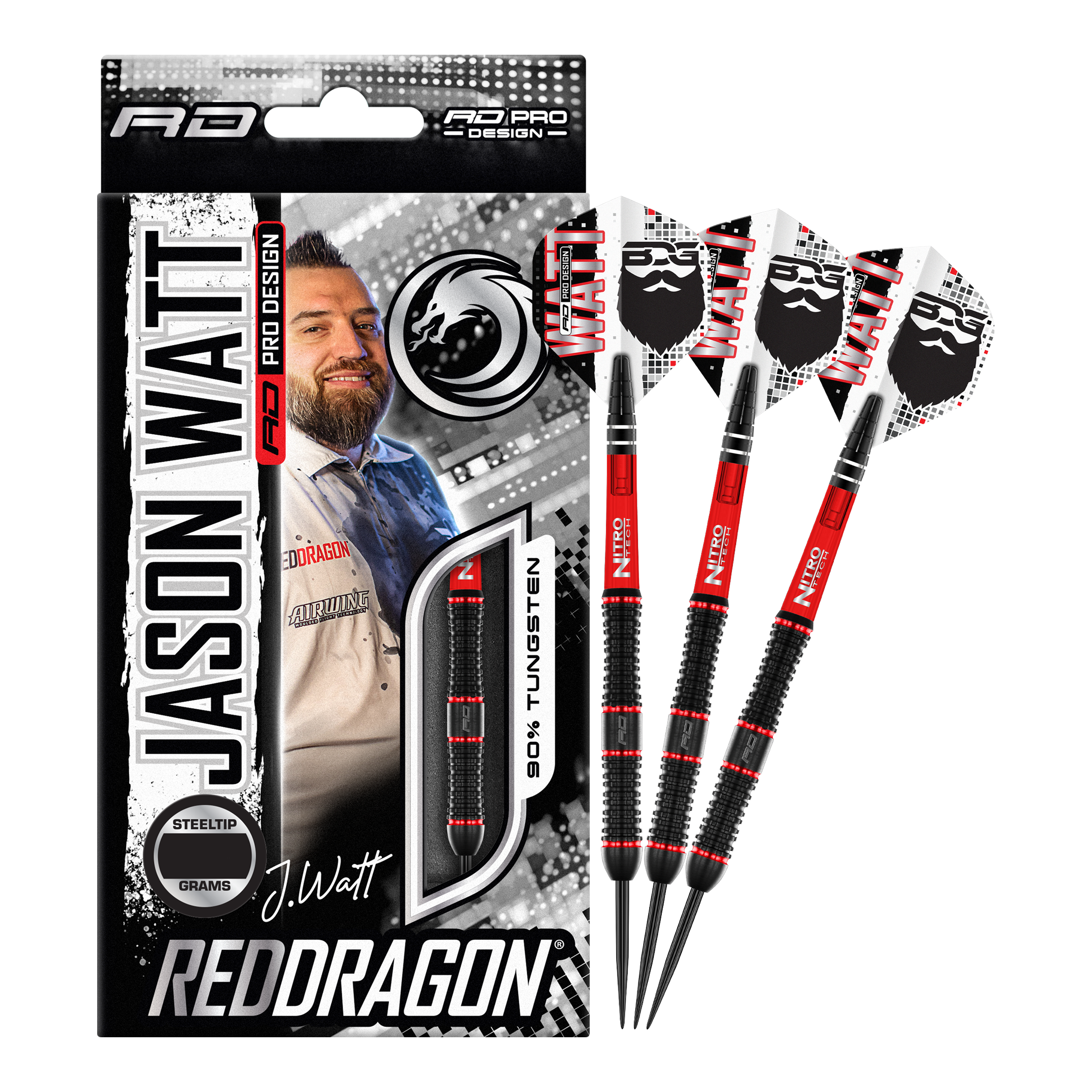 Red Dragon Jason Watt Steel Darts - 22g Das Bild zeigt das Produkt "Red Dragon Jason Watt Steeldarts - 22g" in seiner Verpackung. Rechts daneben sind drei Steeldarts mit schwarzem und rotem Design zu sehen.