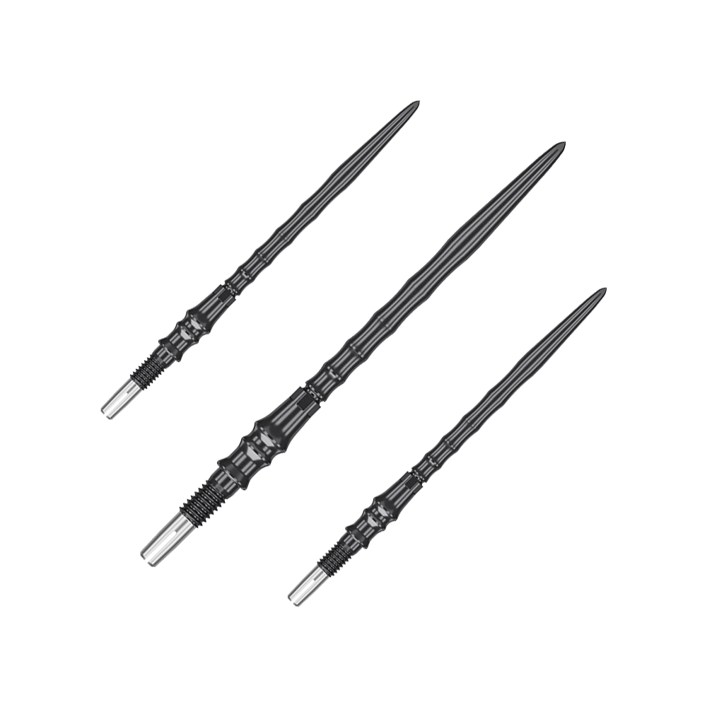 Target Japan Premium Swiss Point Steel Dart Tips - Black Das Bild zeigt ein Set von schwarzen Steeldartspitzen, SwissPoint, 40 mm von Target Japan Premium. Mehrere Spitzen sind nebeneinander angeordnet.