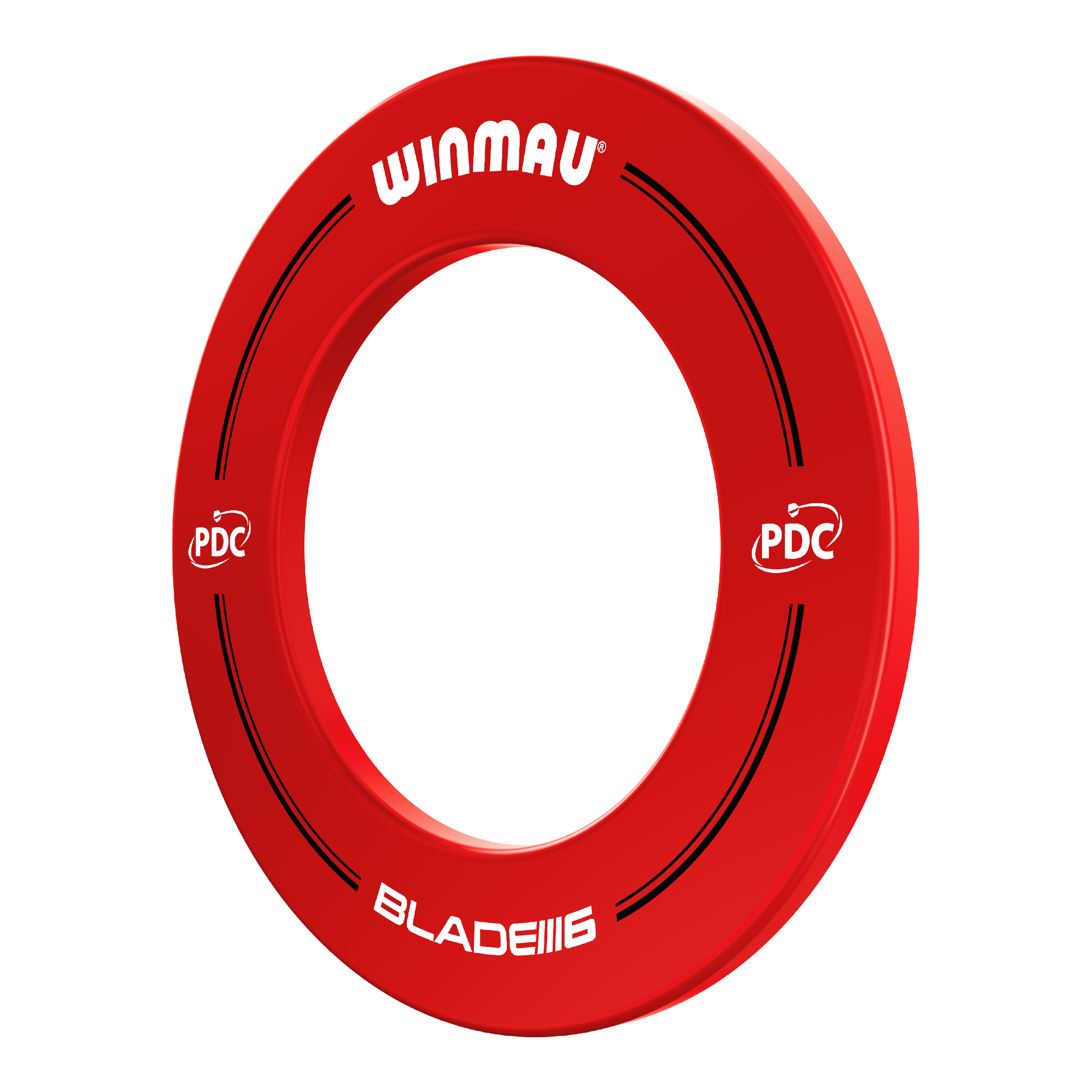 Winmau PDC Dartboard Surround - Red Das Bild zeigt einen roten Winmau PDC Dartboard Surround. Auf dem Ring stehen die Wörter "Winmau", "PDC" und "Blade 6".