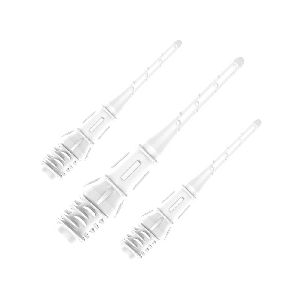 Premium Lippoints (30 Pack) - Tips Auf dem Bild sind drei weiße Dartspitzen zu sehen, die in einer Verpackung angeordnet sind. Die Spitzen wirken hochwertig und sind gleichmäßig ausgerichtet.