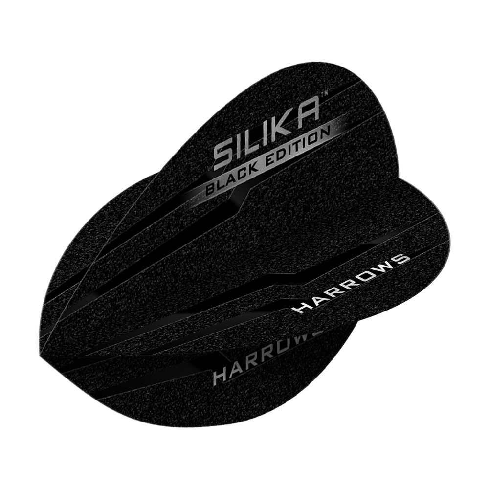 Harrow's Silica Black-Edition Pear Flights Das Bild zeigt die "Harrows Silika Black-Edition Pear Flights" in schwarzem Design. Die Flugblätter sind mit silbernen Schriftzügen verziert.
