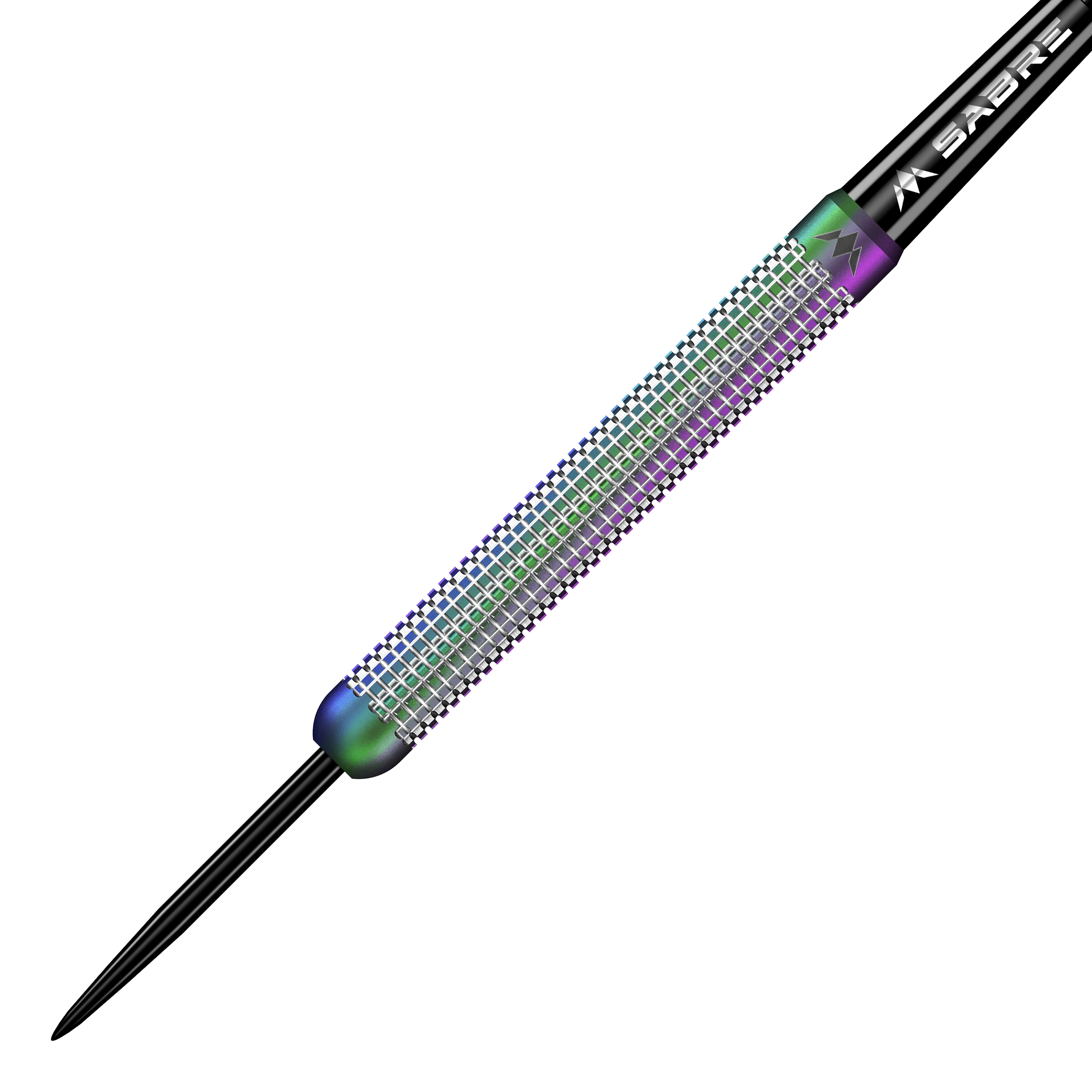 Das Bild zeigt einen Mission Aurora Coral PVD Steeldart mit einem Gewicht von 23g. Der Dart hat eine bunte, glänzende Oberfläche und ist mit feinen Rillen versehen.