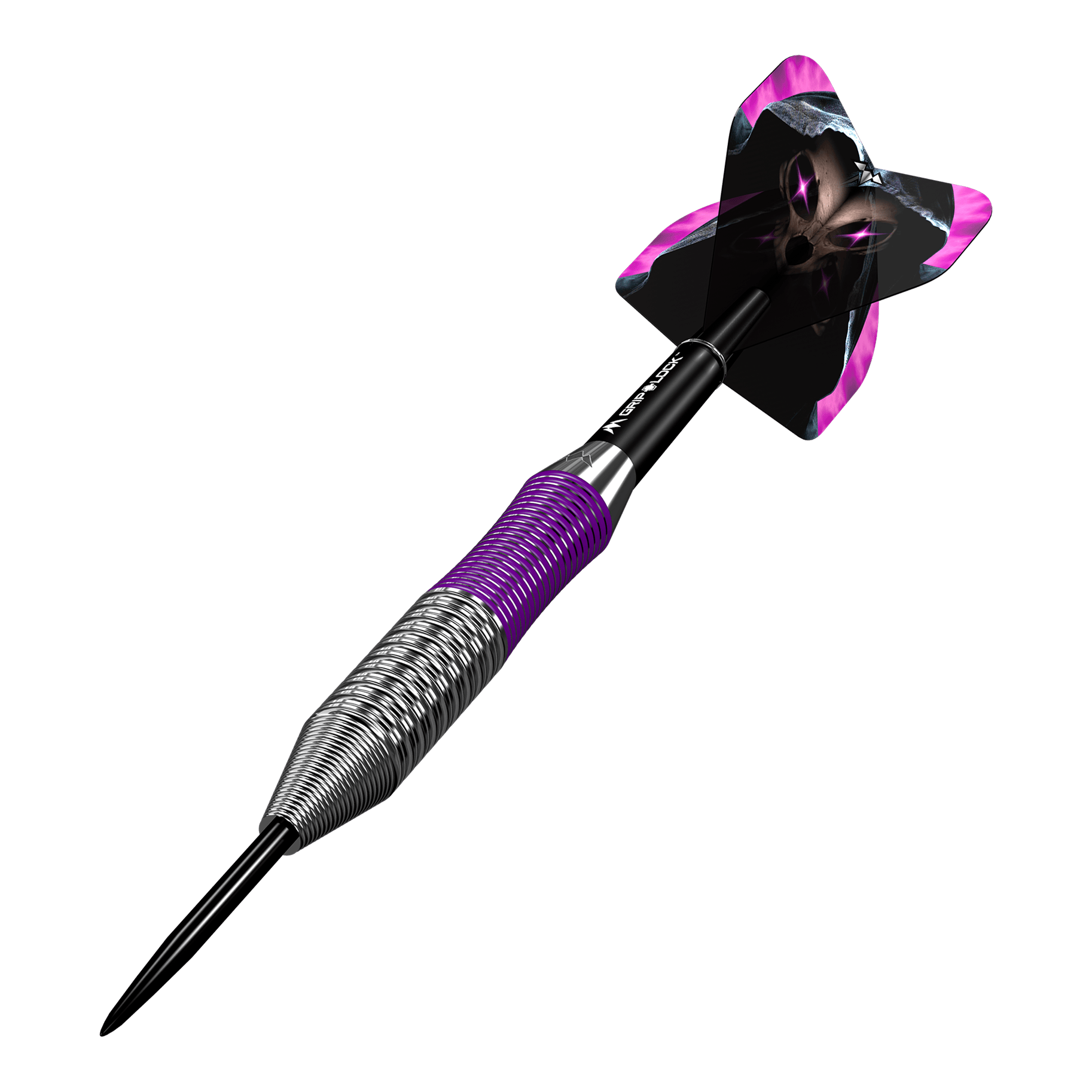 Mission Phantom Brass Steel Darts - 22g Dies ist ein Mission Phantom Brass Steeldart mit einem Gewicht von 22 Gramm. Der Dart hat ein metallisches Griffstück mit lila Akzenten und einen auffälligen Flight mit einem schwarzen und lila Design.