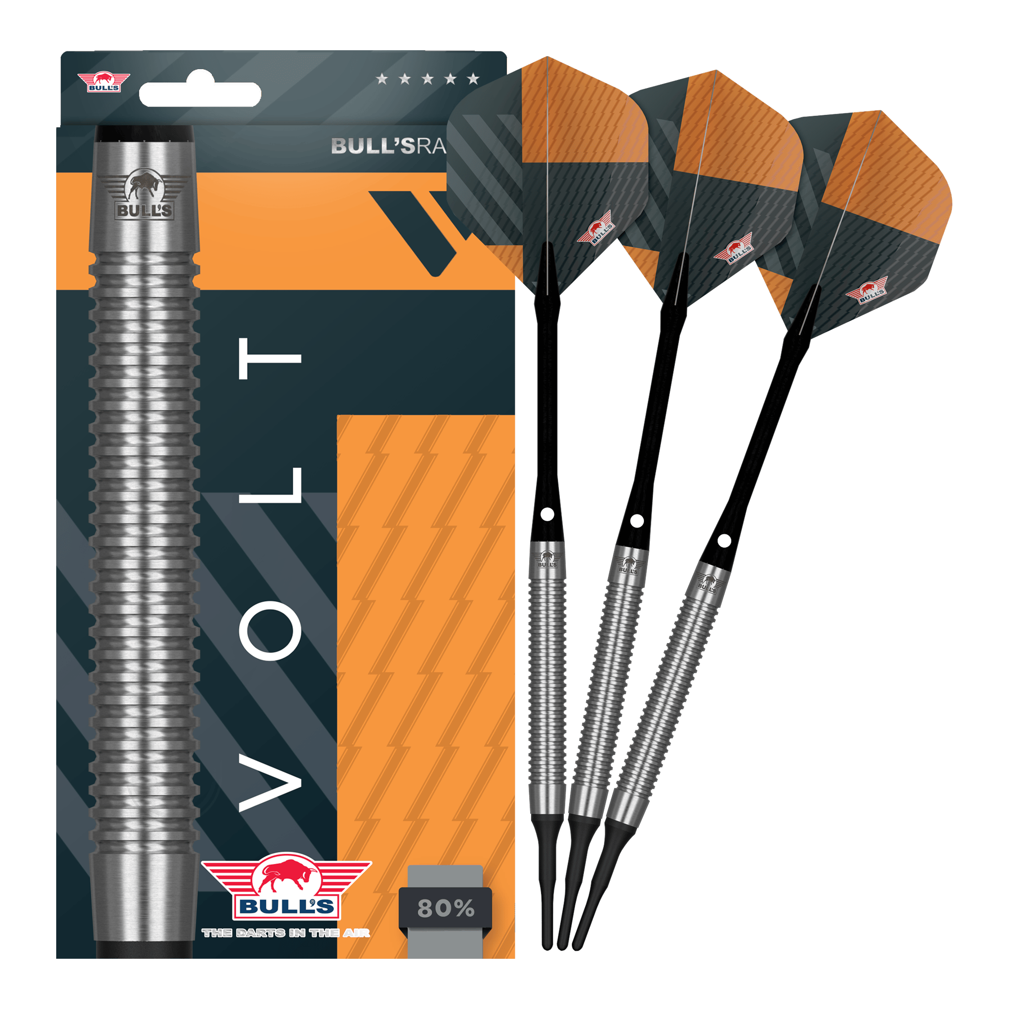Das Bild zeigt Bulls NL Volt Orange Softdarts - 18g. Die Darts sind besonders farbig gestaltet.
