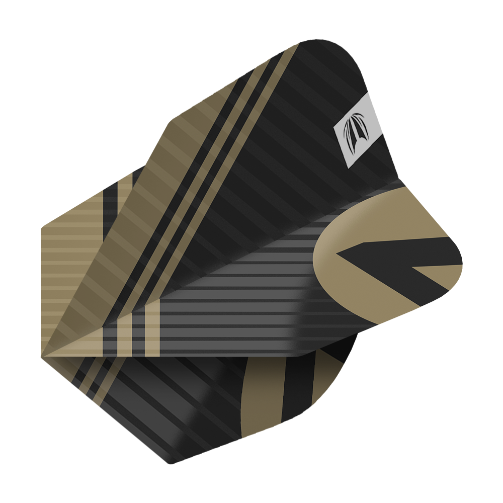 337220_Target_ProUltra_3Sets_Chicane_Black_No6_Flights_2 Das Bild zeigt ein Dartflight in Schwarz und Gold mit einem modernen Streifendesign. Es gehört zum Produkt "Target Pro Ultra Chicane Black No6 Flights - 3 Sets".