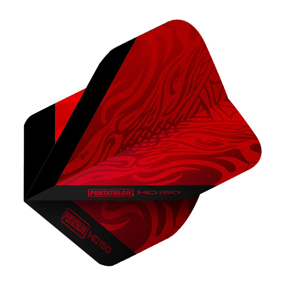 Pentathlon HD150 Metallic Red Standard Flights Das Bild zeigt einen roten Dartflight mit schwarzem Streifen und Mustern. Auf dem Flight steht "Pentathlon HD150".