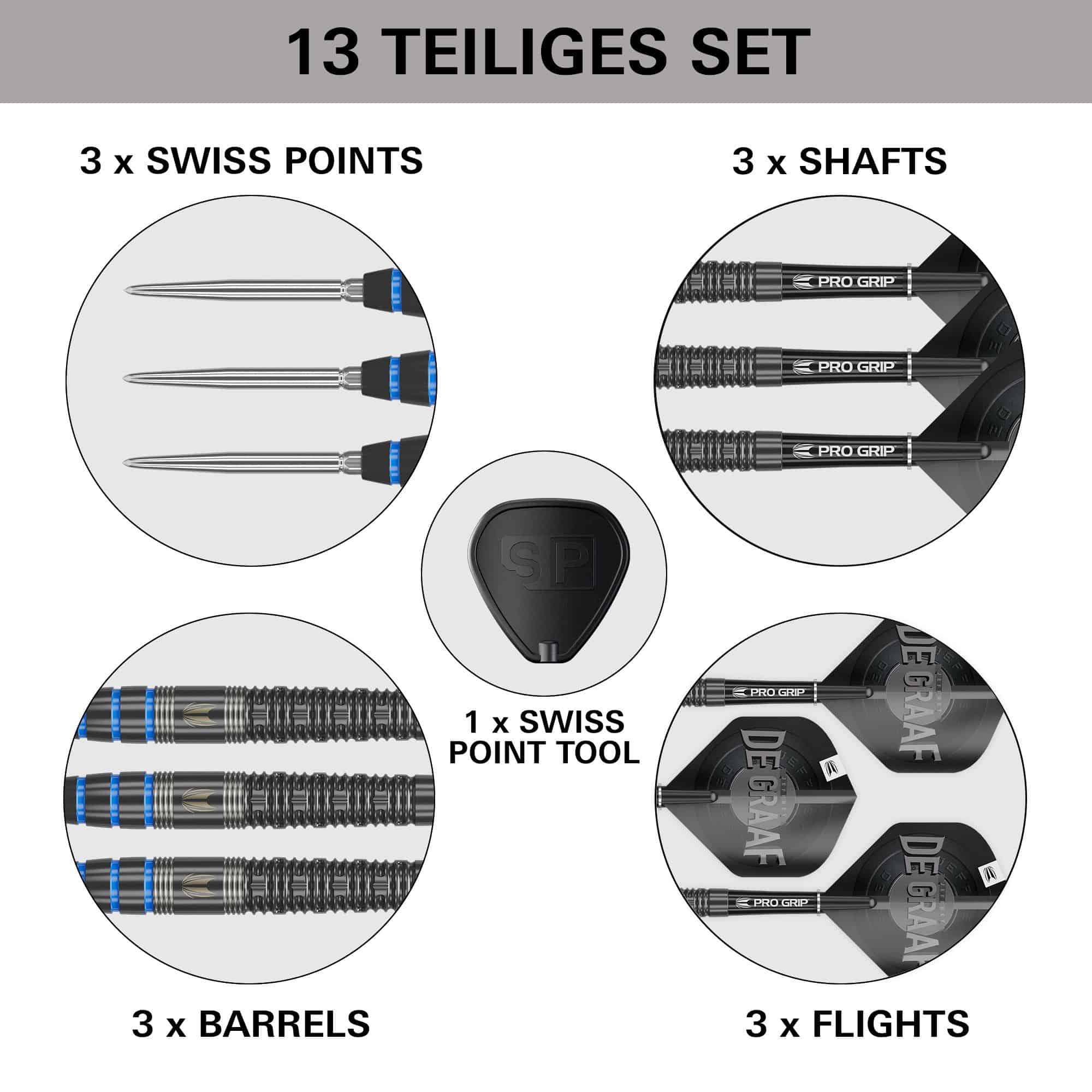 Target Jeffrey De Graaf GEN1 Swiss Point Steeldarts - 23g Das Bild zeigt das 13-teilige Set "Target Jeffrey De Graaf GEN1 Swiss Point Steeldarts - 23g". Im Set sind 3 Spitzen, 3 Shafts, 3 Barrels, 3 Flights und 1 Swiss Point Tool enthalten.