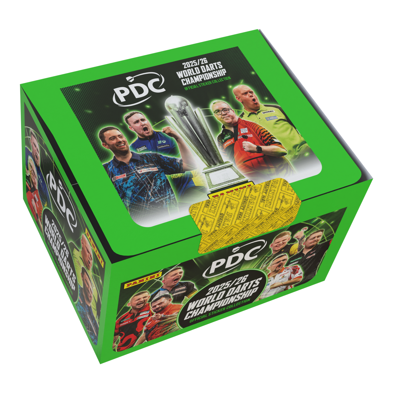 Panini PDC World Darts Championship 2025/26 - Sticker box with 65 packs Zu sehen ist die Panini PDC World Darts Championship 2025/26 Stickerbox mit 65 Tüten. Die Stickerbox enthält viele Tüten zum Tauschen und Kleben.