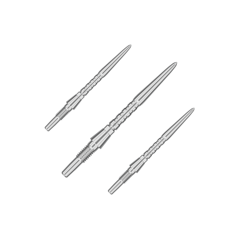 Target Swiss Point Storm Surge steel dart tips - silver Auf dem Bild sind drei silberne Steeldartspitzen abgebildet. Sie sind schmal, metallisch und haben ein präzises, geriffeltes Design.