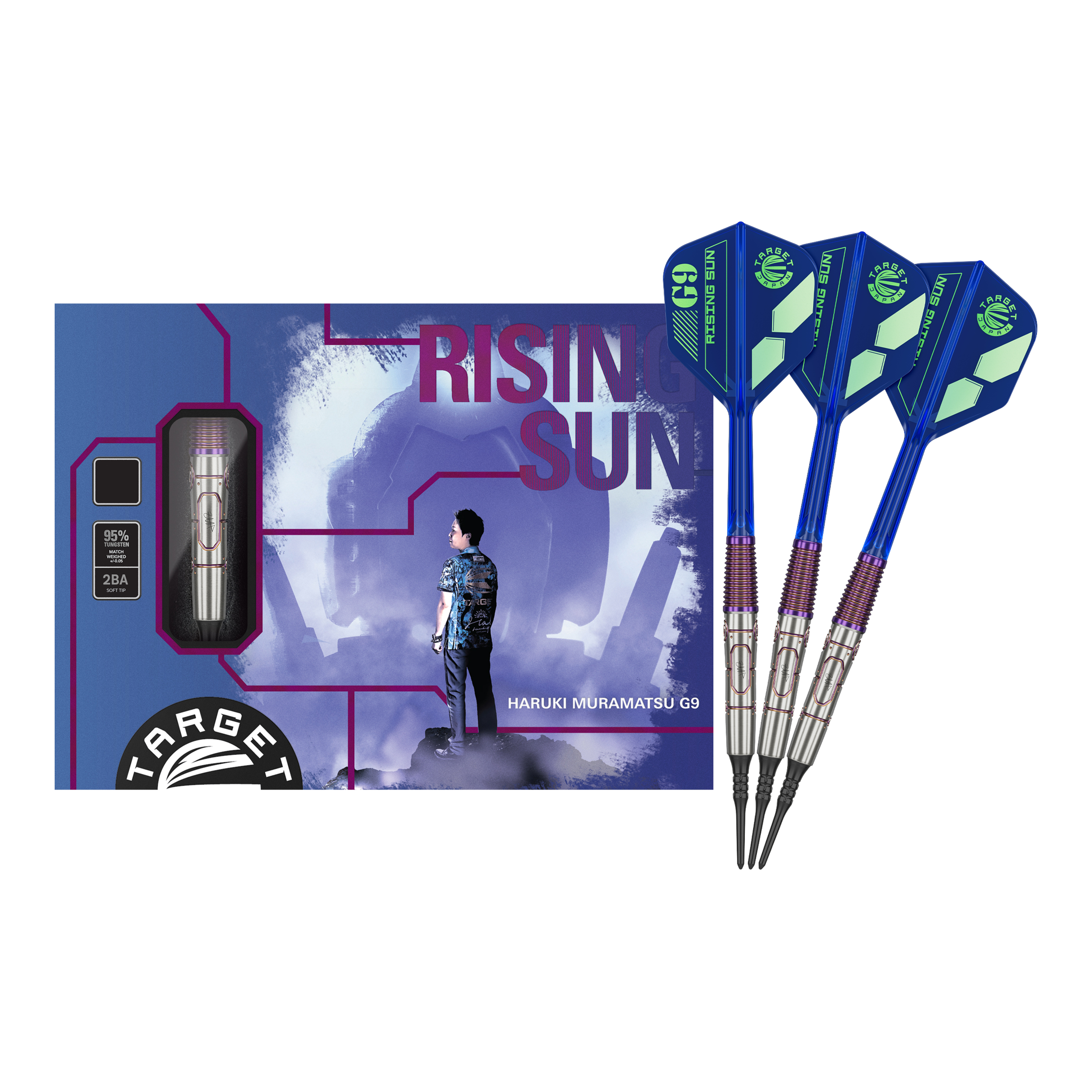 Target Japan Haruki Muramatsu Rising Sun GEN9 2BA Soft Darts - 21.5g Das Bild zeigt das Produkt "Target Japan Haruki Muramatsu Rising Sun GEN9 2BA Softdarts - 21,5g" mit einer farbigen Verpackung und drei blauen Softdarts. Auf der Verpackung ist eine Person abgebildet und der Schriftzug "Rising Sun" deutlich zu sehen.