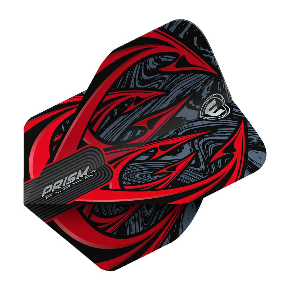 6915-195_Winmau_Prism_Alpha_Diablo_Standard_Flights_29OVmw7fLKfdjn Das Bild zeigt die Winmau Prism Alpha Diablo Standard Flights. Sie haben ein auffälliges Design in Schwarz, Rot und Grau mit abstrakten Mustern.