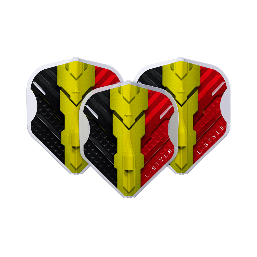 L-Style V-Series V1 Type C Belgium Clear White L1EZ Flights Das Bild zeigt drei Dart-Flights des Modells "L-Style V-Series V1 Type C Belgium Clear White L1EZ Flights". Die Flights sind in den Farben Schwarz, Gelb und Rot gestaltet und zeigen ein modernes Design.
