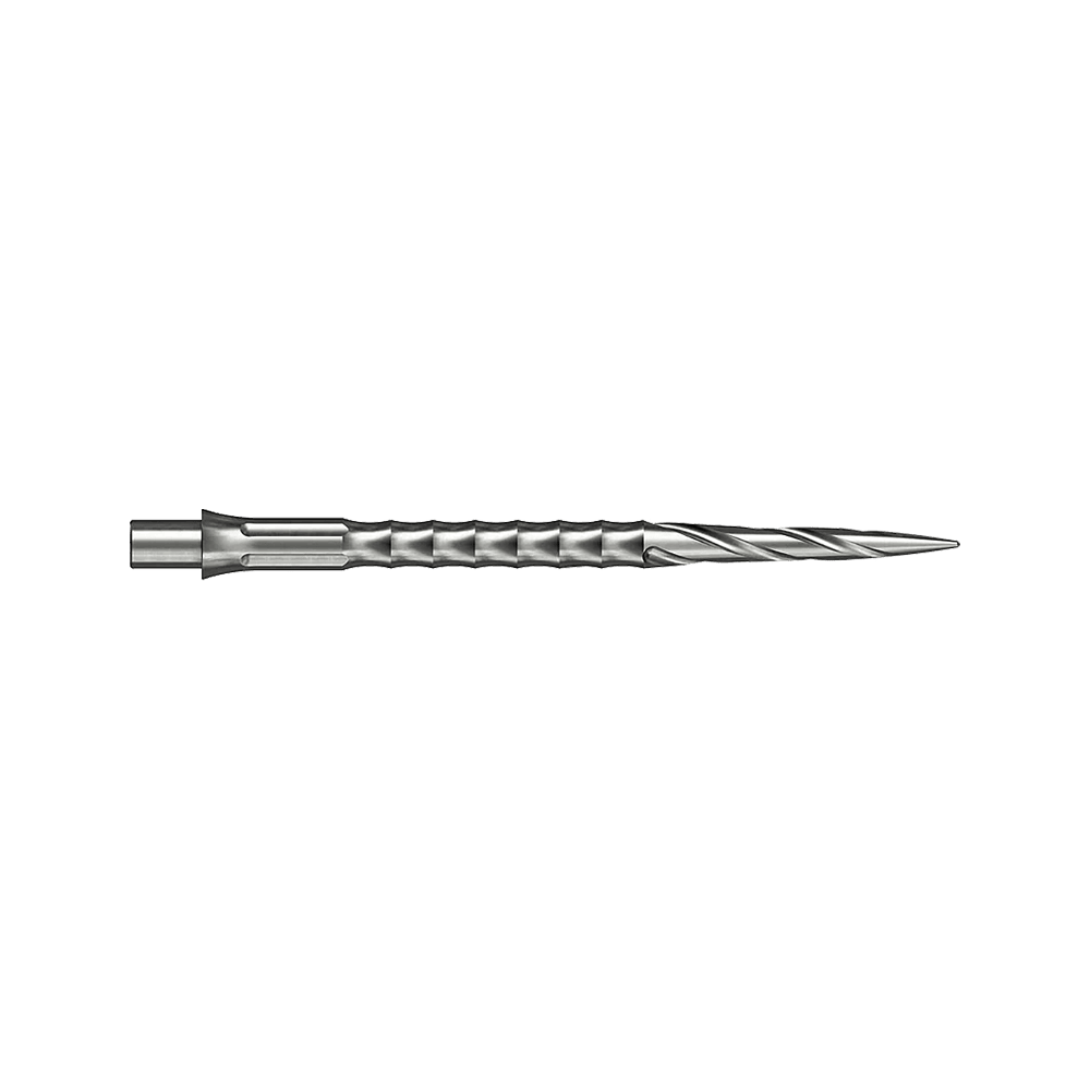 Caliburn System steel dart tips - Spiro - NoLip - silver Zwei silberne Steeldartspitzen im Spiro NoLip Design sind zu sehen. Sie sind 36 mm lang und liegen nebeneinander.