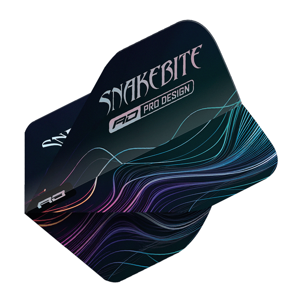 Red Dragon Hardcore Peter Wright Multi No2 Standard Flights Auf dem Bild sind Dartflights des Modells "Red Dragon Hardcore Peter Wright Multi No2 Standard Flights" zu sehen. Sie sind dunkel gestaltet und tragen die Aufschrift "Snakebite" mit farbigen Linien im Hintergrund.