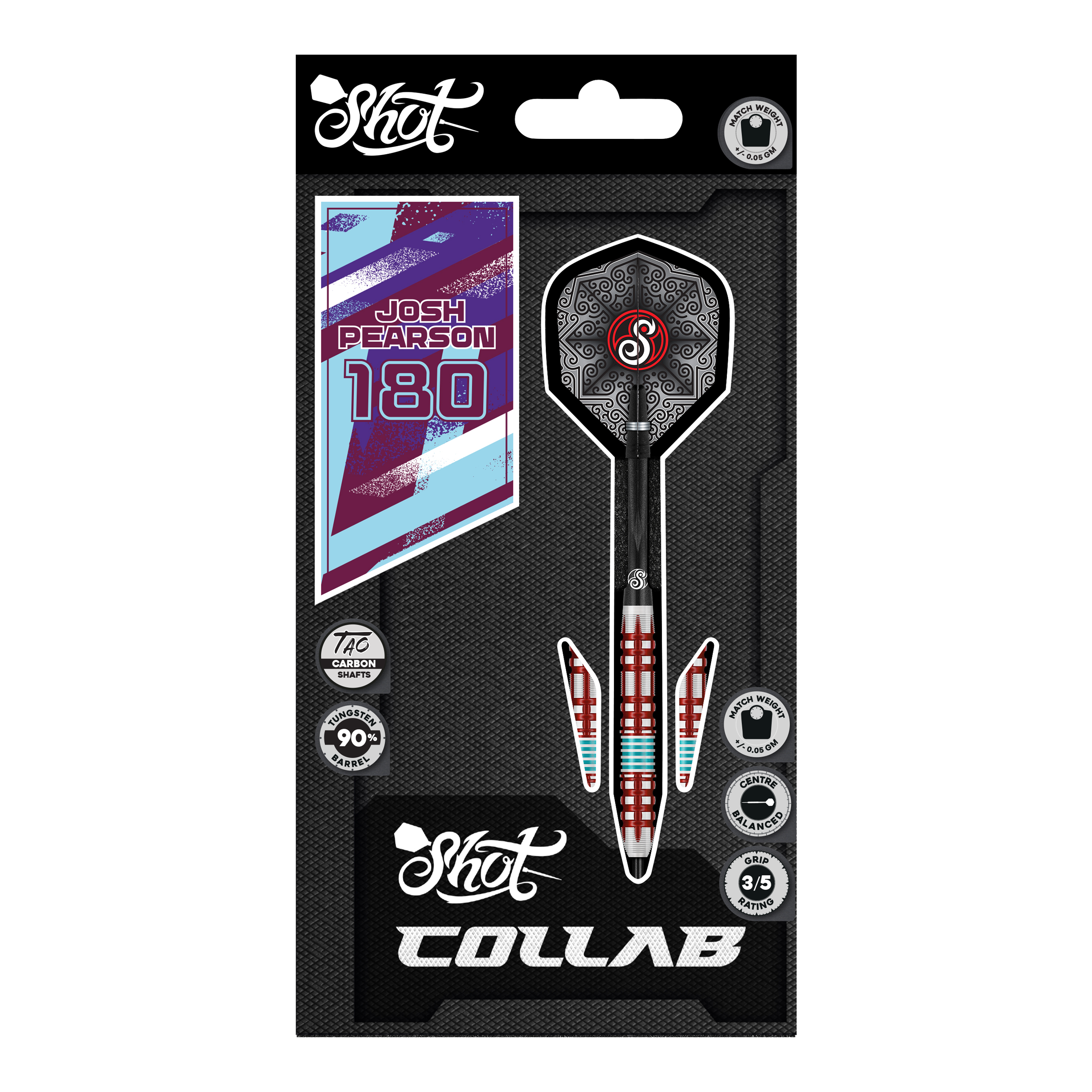 Auf dem Foto sind die Shot Collab Pro Series Josh Pearson Steeldarts - 23g zu sehen. Sie eignen sich ideal für professionelle Dartspieler.
