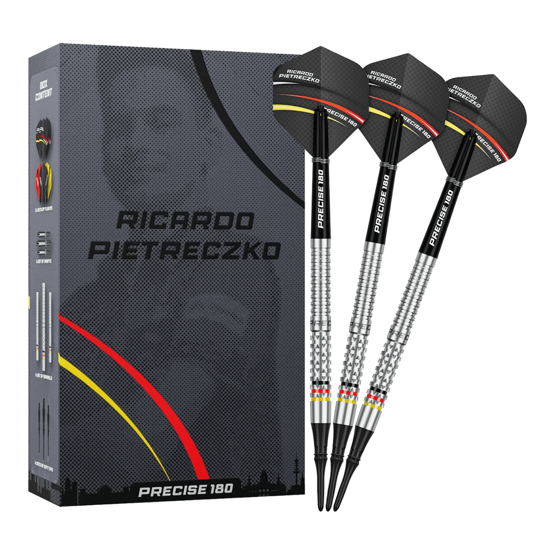 Gezeigt werden die Precise 180 Ricardo Pietreczko GEN1 Softdarts. Diese Softdarts zeichnen sich durch ihre Präzision aus.