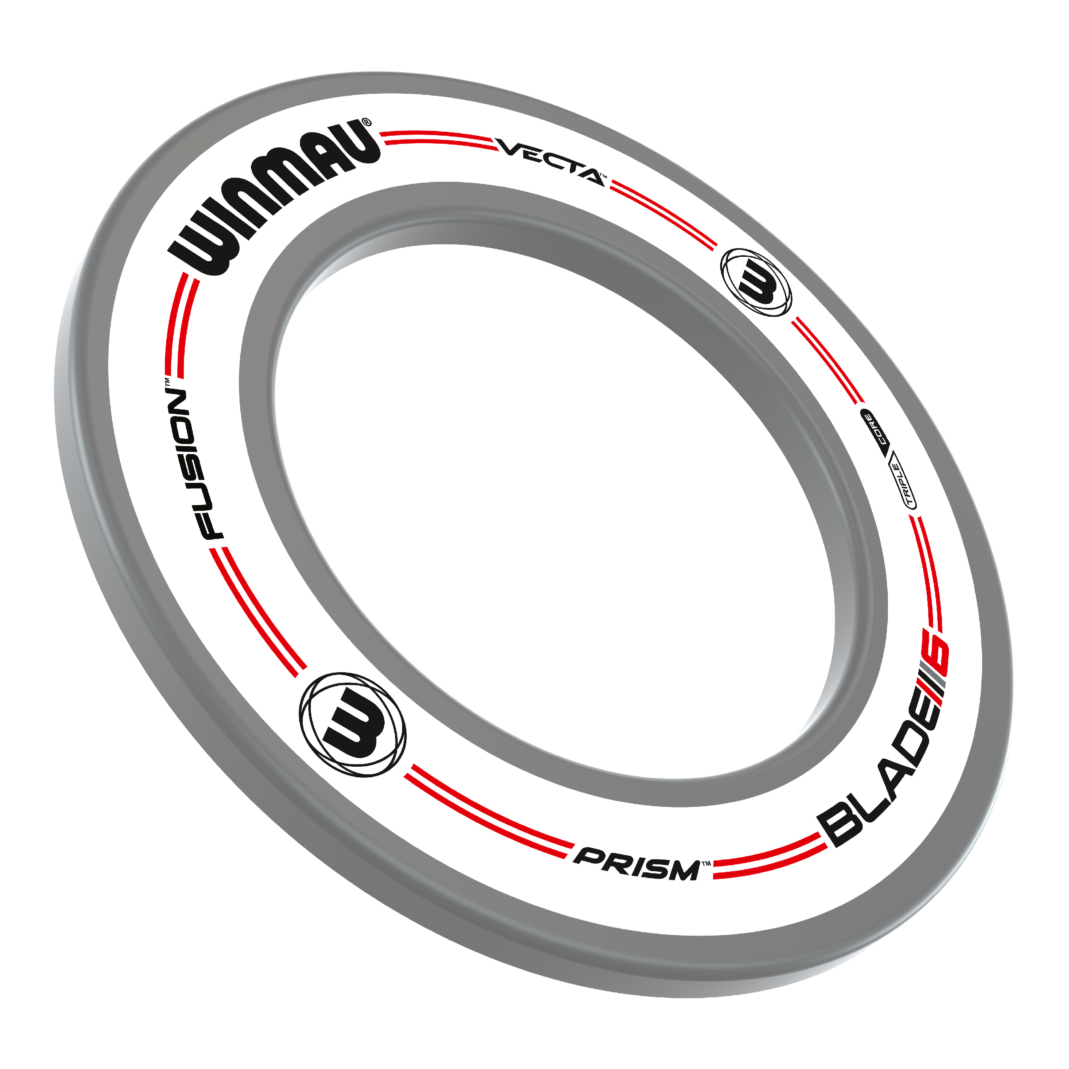 BUNDLE Winmau Plasma Ice LED Lighting and Surround Das Bild zeigt den Winmau Plasma Ice LED Beleuchtungs- und Surround-Bundle. Es handelt sich um einen runden LED-Ring mit weißem und grauem Design sowie Markierungen und Logos.