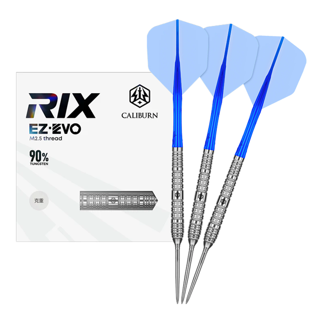 Das Foto zeigt die Caliburn Rix EZ-EVO R4 Steeldarts in voller Ansicht. Die Darts sind modern gestaltet und für professionelle Spieler geeignet.