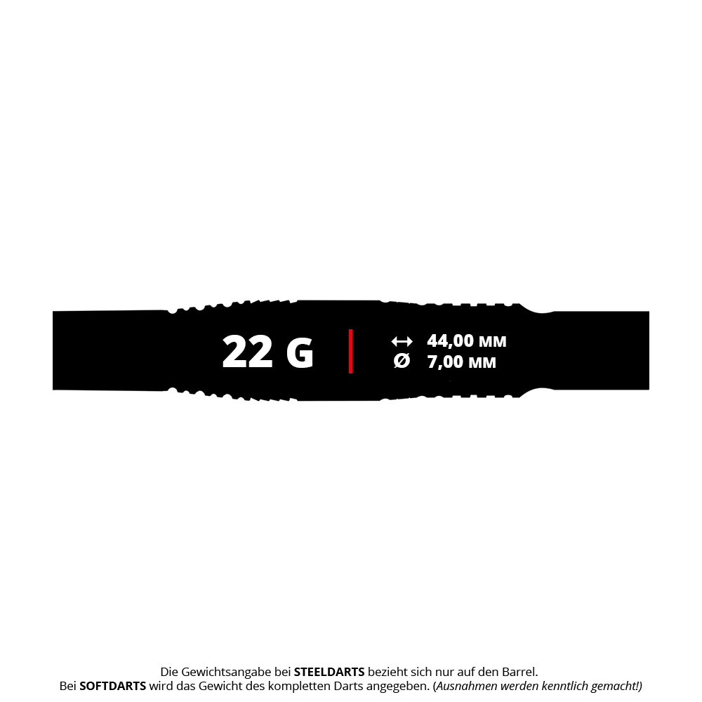 Bulls Niko Springer soft darts - 22g Das Bild zeigt die technischen Daten der Bulls Niko Springer Softdarts mit einem Gewicht von 22 Gramm. Die Länge beträgt 44,00 mm und der Durchmesser 7,00 mm.