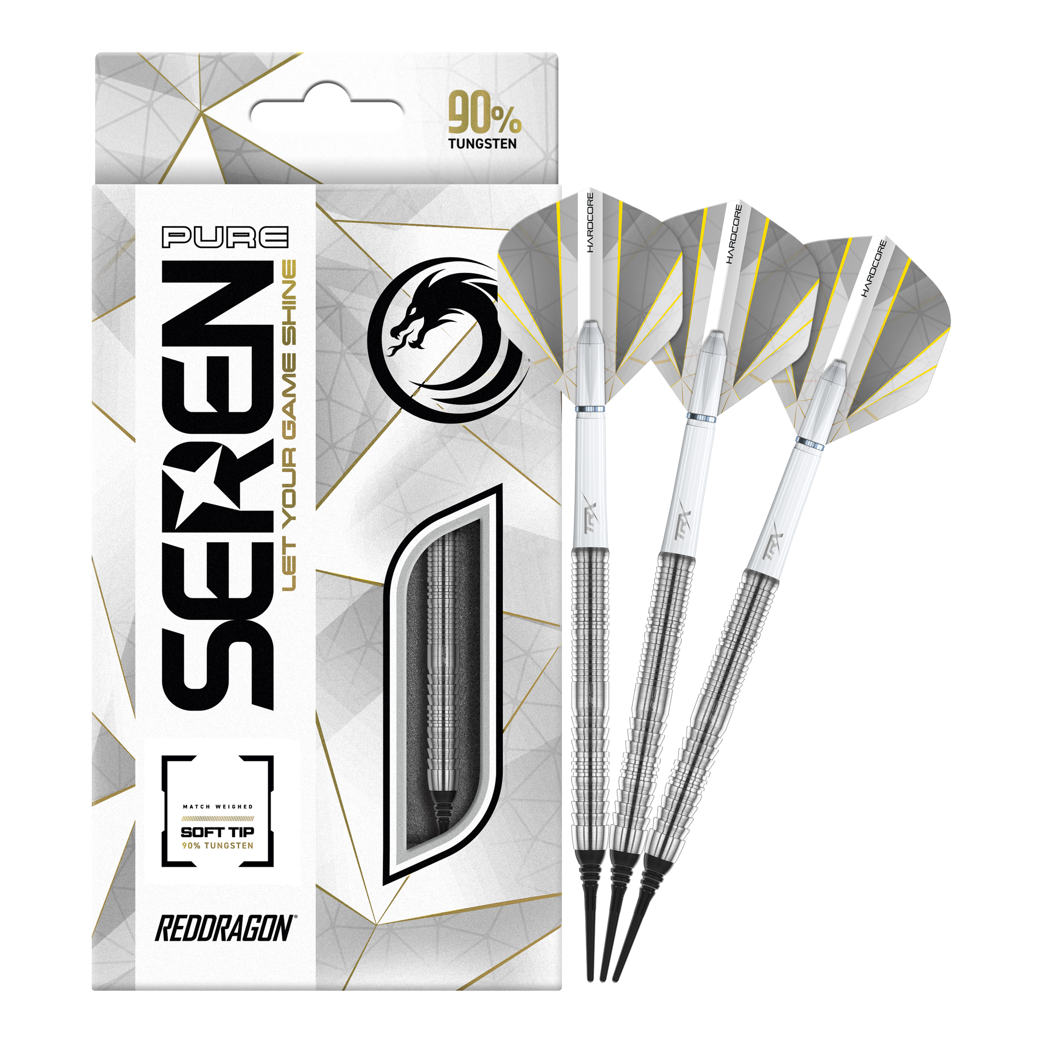 Red Dragon Seren 1 Pure Softdarts - 20g Die Abbildung zeigt die "Red Dragon Seren 1 Pure Softdarts - 20g" mit drei silbernen Softdarts. Die Verpackung hebt hervor, dass die Darts zu 90 % aus Tungsten bestehen.