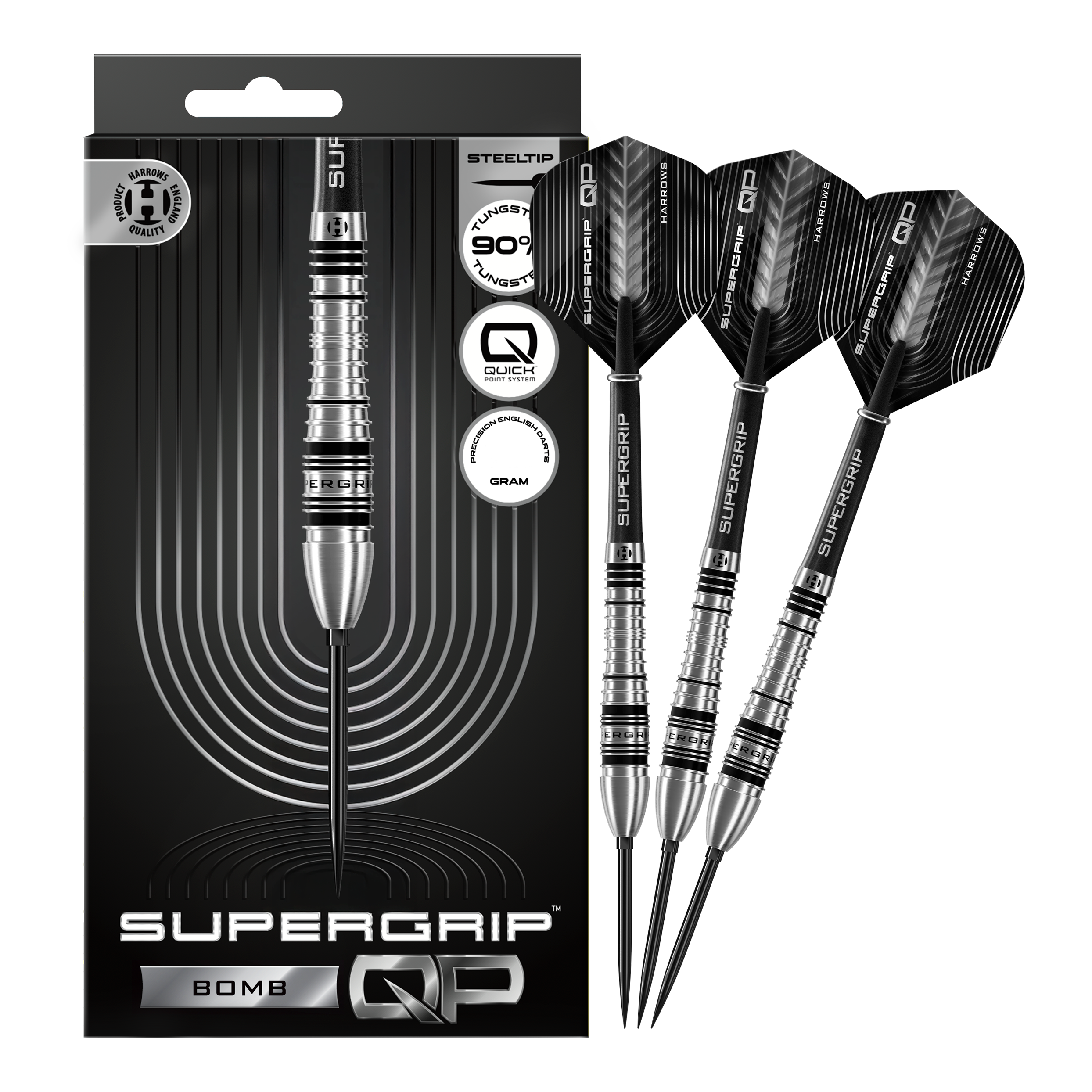 Abgebildet sind die Harrows Supergrip Bomb Quick Point Steeldarts in voller Länge. Sie eignen sich ideal für ambitionierte Dartspieler.