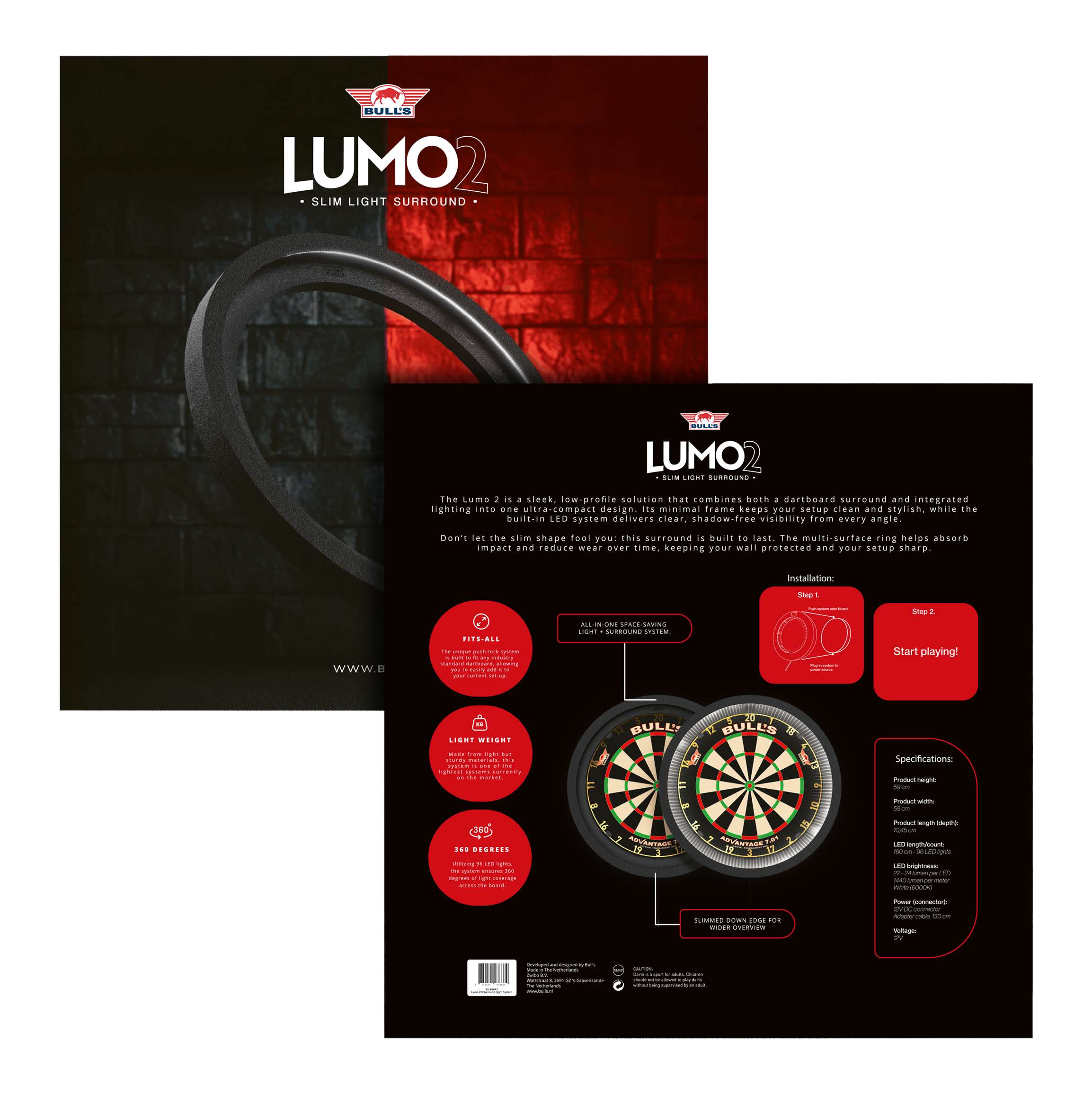 Bulls NL Lumo 2 Light Surround Lighting System Das Bild zeigt das Produkt "Bulls NL Lumo 2 Light Surround Beleuchtungssystem" für Dartscheiben. Es kombiniert ein schlankes, rundes LED-Lichtsystem mit einem schützenden Surround für bessere Sicht und Schutz beim Dartspielen.