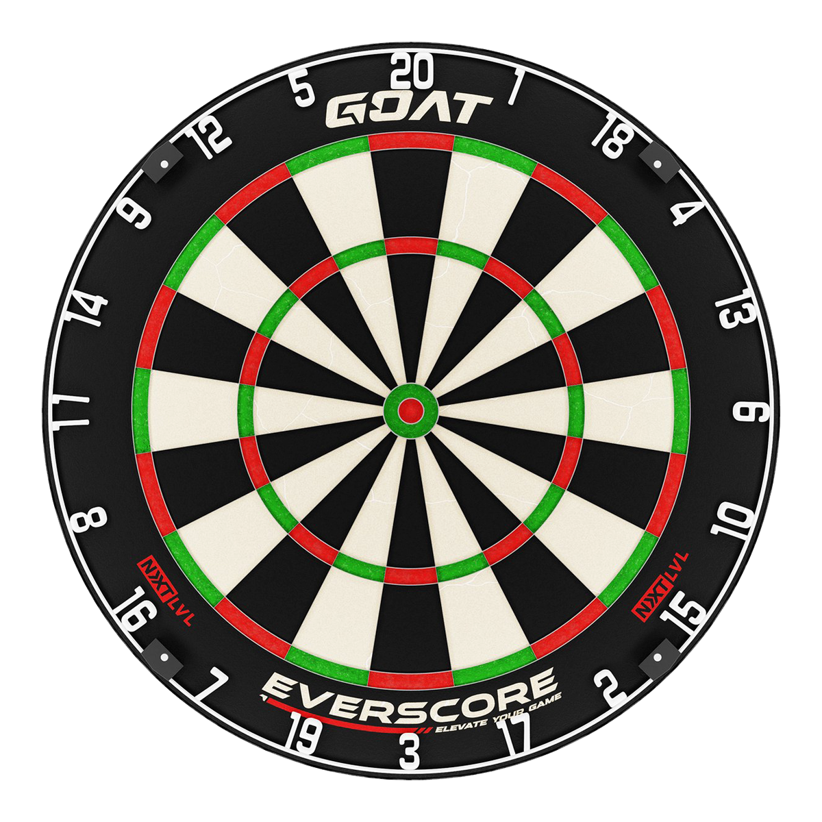GOAT Everscore Steel Dartboard Das Bild zeigt eine Steeldart-Scheibe mit dem Namen „GOAT Everscore“. Die Scheibe hat farbige Markierungen in Schwarz, Weiß, Rot und Grün sowie deutlich sichtbare Zahlen.