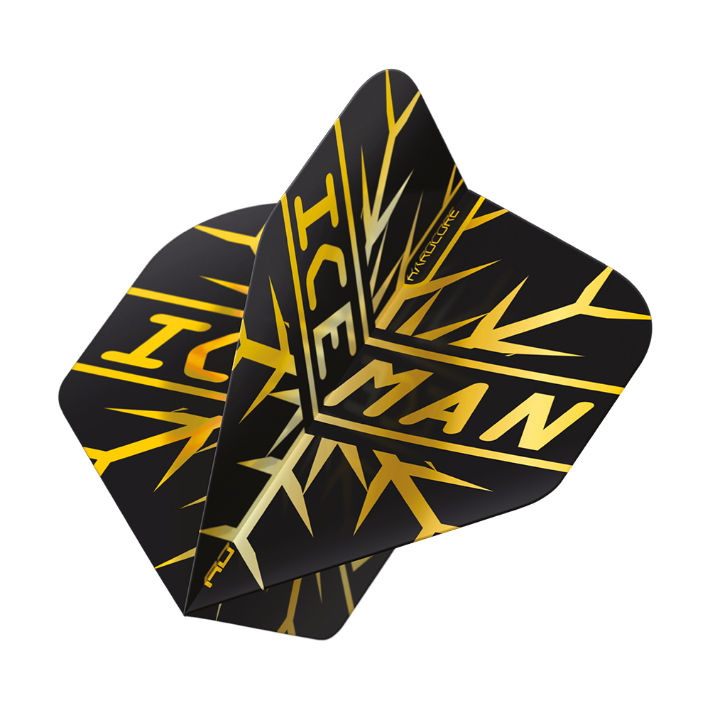 X0808_Red_Dragon_Gerwyn_Price_Hardcore_Flight_Set_3 Das Bild zeigt das Produkt "Red Dragon Gerwyn Price Hardcore Flight Set". Die Flights sind schwarz mit einem goldenen Muster und dem Schriftzug "ICEMAN".