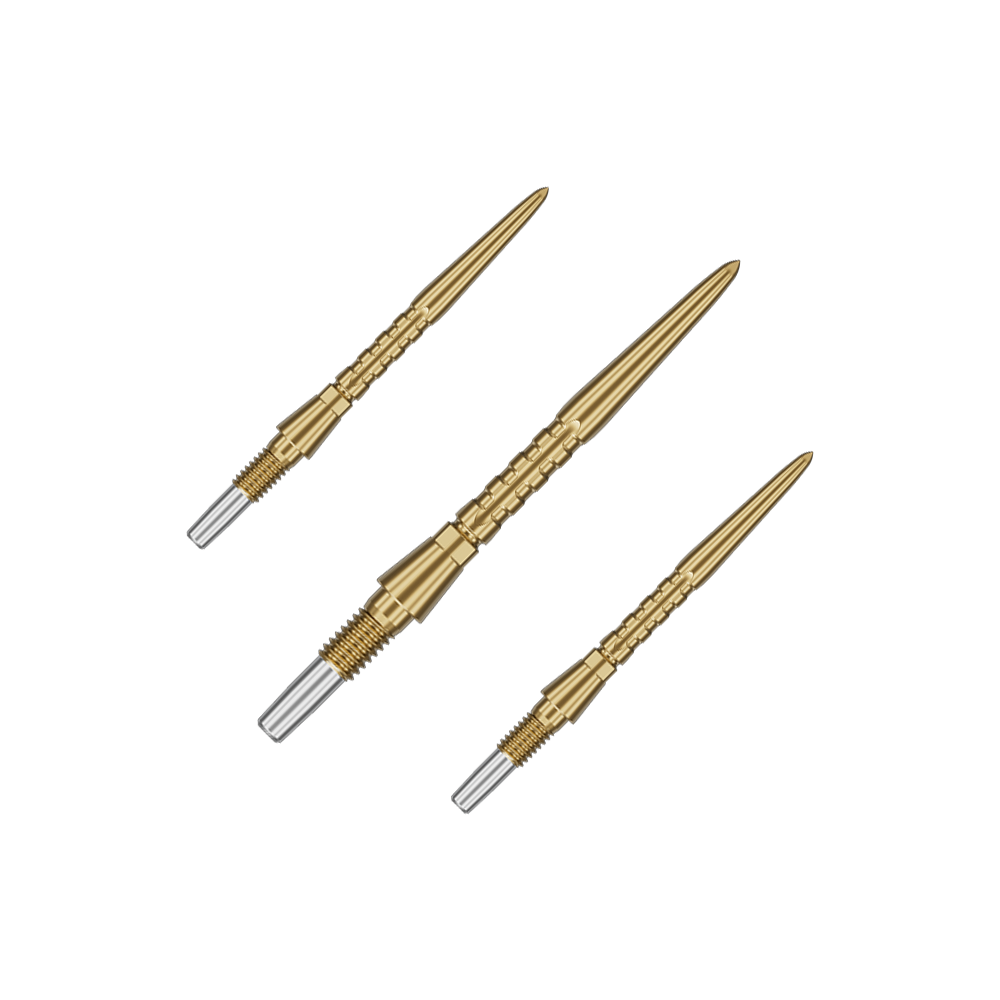 Auf dem Bild sind drei goldene Steeldartspitzen zu sehen. Sie haben ein schlankes, geriffeltes Design mit einem silbernen Schraubgewinde am Ende.