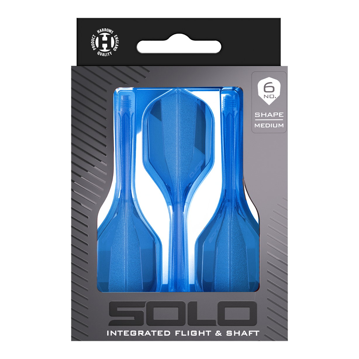 Zu sehen ist das Harrows Solo No6 Flight-Shaft-System in Blau. Das Produkt wird aus einer bestimmten Perspektive gezeigt.