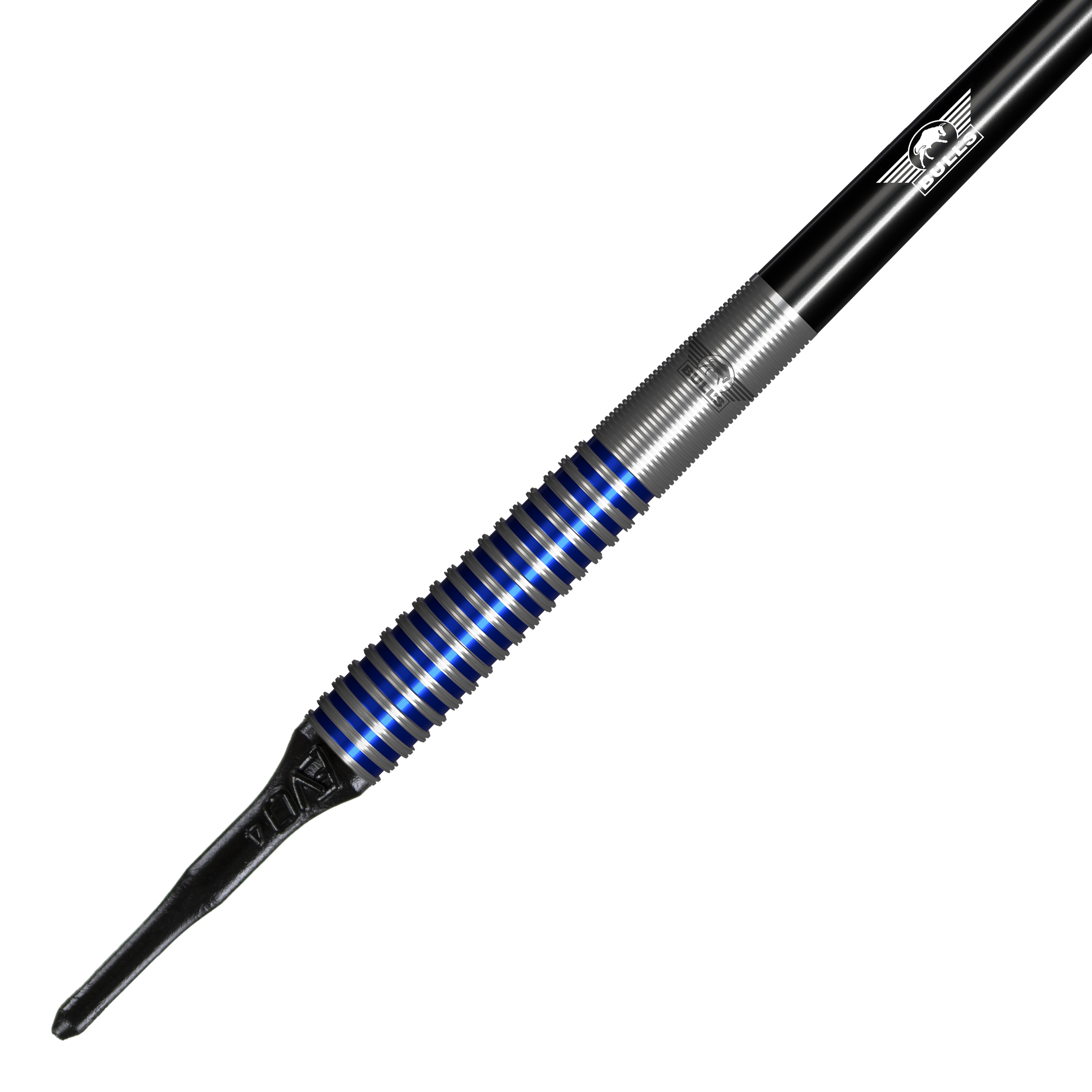 Bulls NL Romeo Grbavac soft darts - 19g Das Bild zeigt einen Bulls NL Romeo Grbavac Softdart mit einem Gewicht von 19 Gramm. Der Dart hat ein silbernes Griffstück mit blauen Ringen und eine schwarze Spitze.