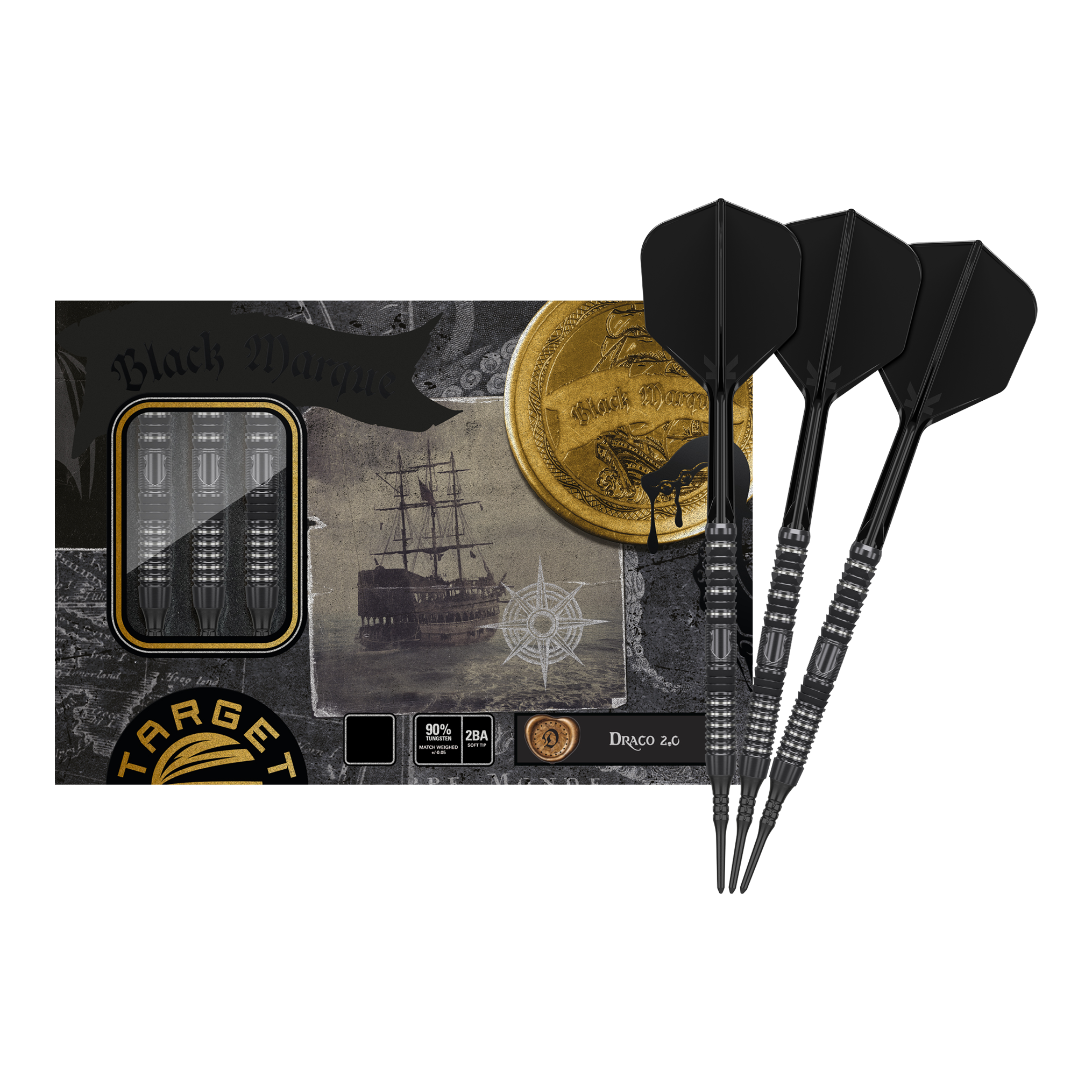 Target Japan Black Marque Draco GEN2 Soft Darts - 20g Das Bild zeigt das Produkt "Target Japan Black Marque Draco GEN2 Softdarts - 20g" in einer ansprechend gestalteten Verpackung. Drei schwarze Softdarts liegen neben der Verpackung, die im Piratenstil mit Goldmünzen und einem Schiff illustriert ist.