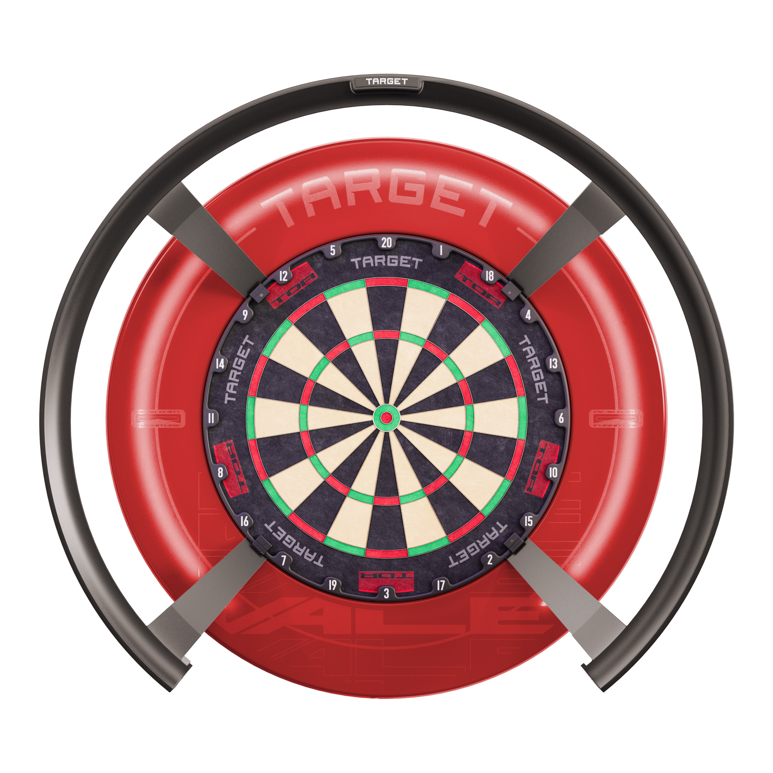 Target OMNI auto-scoring system Das Bild zeigt das Produkt "Target OMNI Auto-Scoring-System", ein innovatives elektronisches System für Dartspiele. Es besteht aus einem Dartboard mit einem kreisförmigen automatischen Punktesystem und einer markanten roten Umrandung.