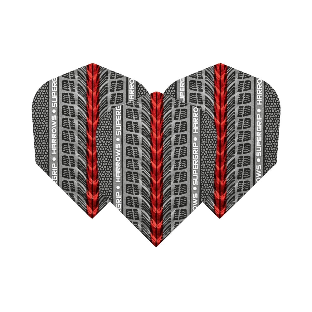 HR77_Harrows_Supergrip_Rot_No6_Flights_1rpgZlp8pPxJVZ Das Bild zeigt die Harrows Supergrip Rot No6 Flights für Darts. Die Flights haben ein graues und rotes Design mit dem Schriftzug "HARROWS SUPERGRIP" an der Seite.