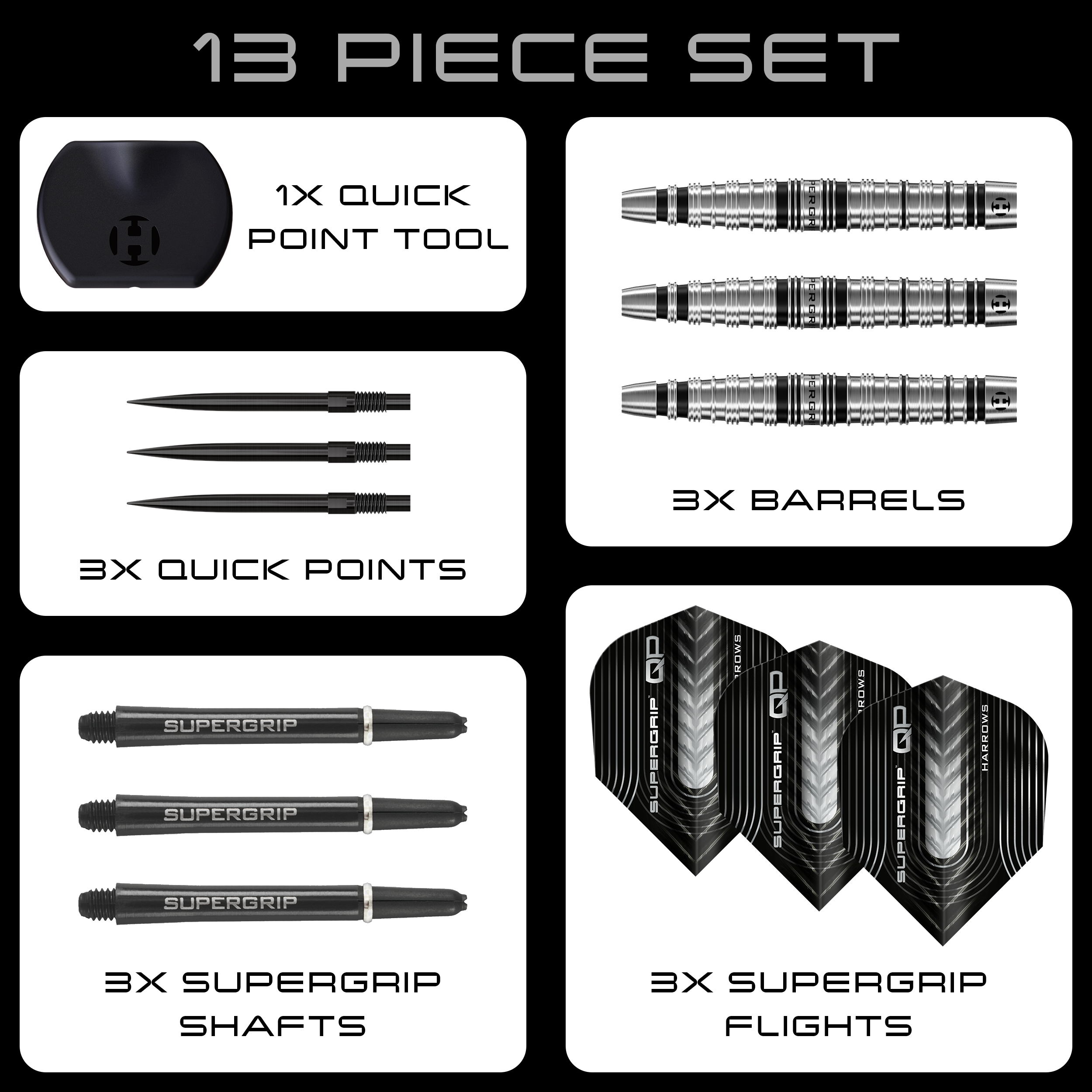 Harrows Supergrip Torpedo Quick Point Steeldarts sind auf dem Bild zu sehen. Eine Detailansicht hebt den Produktbereich hervor.
