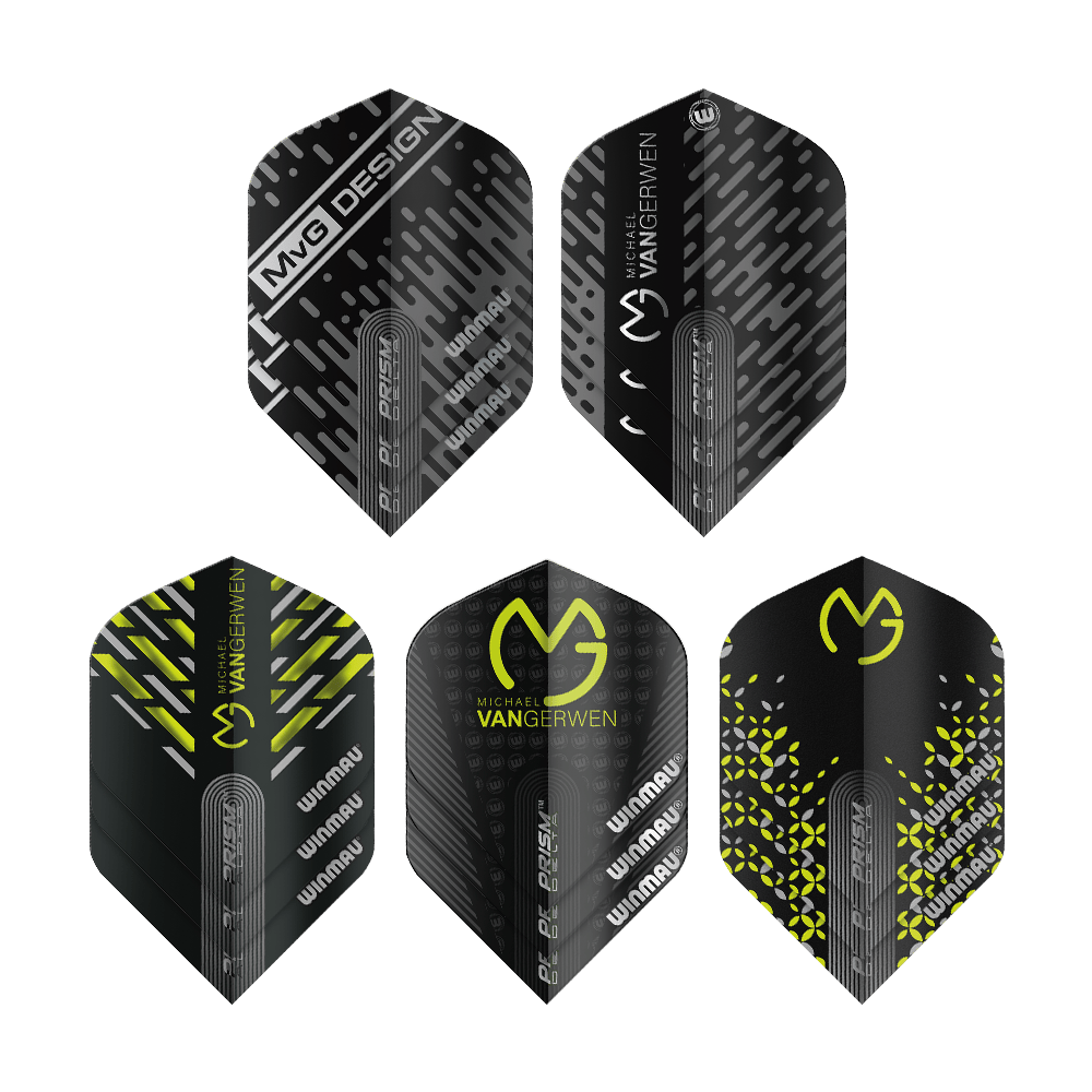 Winmau MvG Prism Flight Pack 2 Das Bild zeigt das Produkt "Winmau MvG Prism Flight Pack 2" mit fünf unterschiedlich gestalteten Dart-Flights. Die Designs sind überwiegend schwarz und gelb mit verschiedenen Mustern und dem Michael van Gerwen Logo.