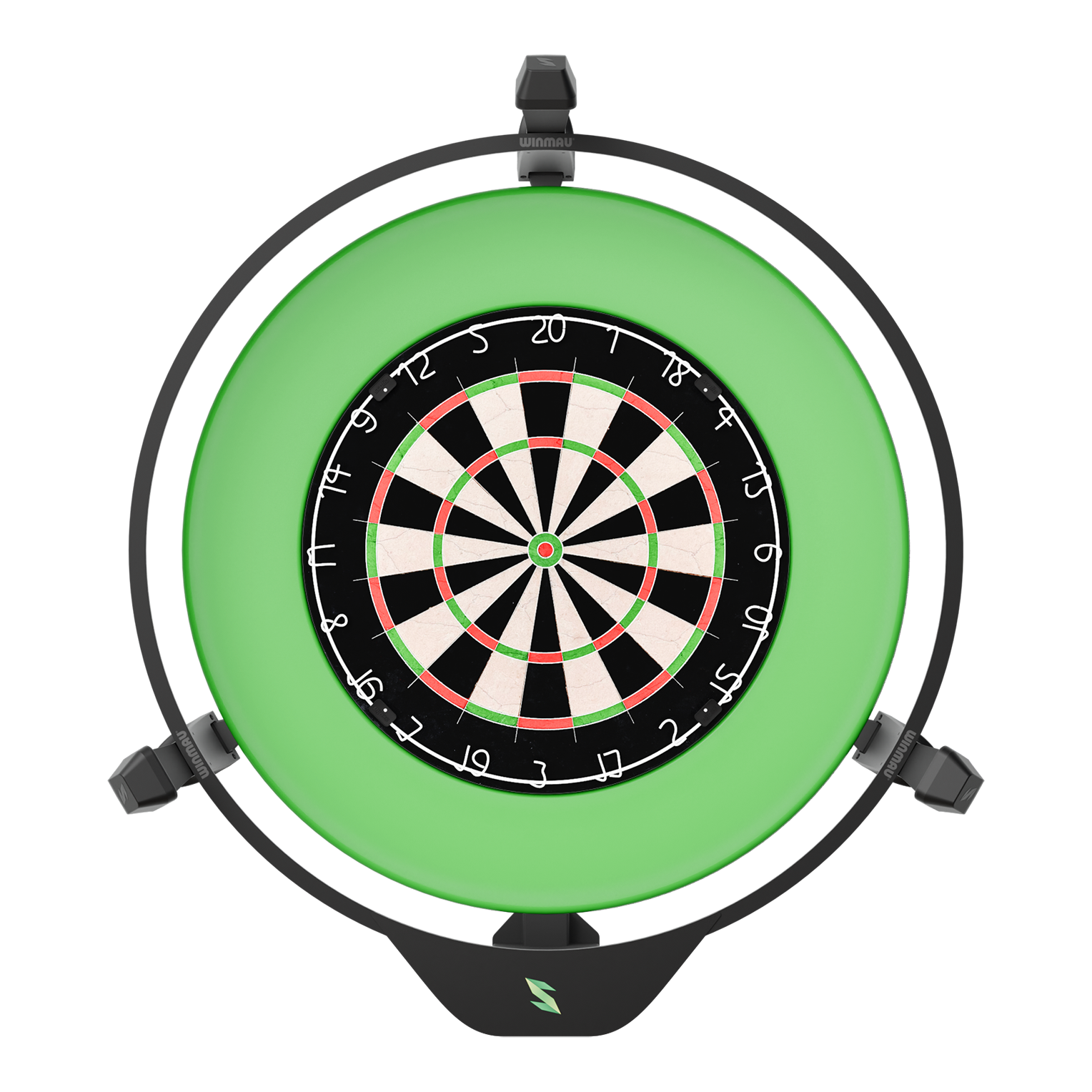 Das Bild zeigt ein elektronisches Punktesystem für Darts, das Scolia Home 2. Es besteht aus einem Dartboard mit einem leuchtenden grünen Ring rundherum.