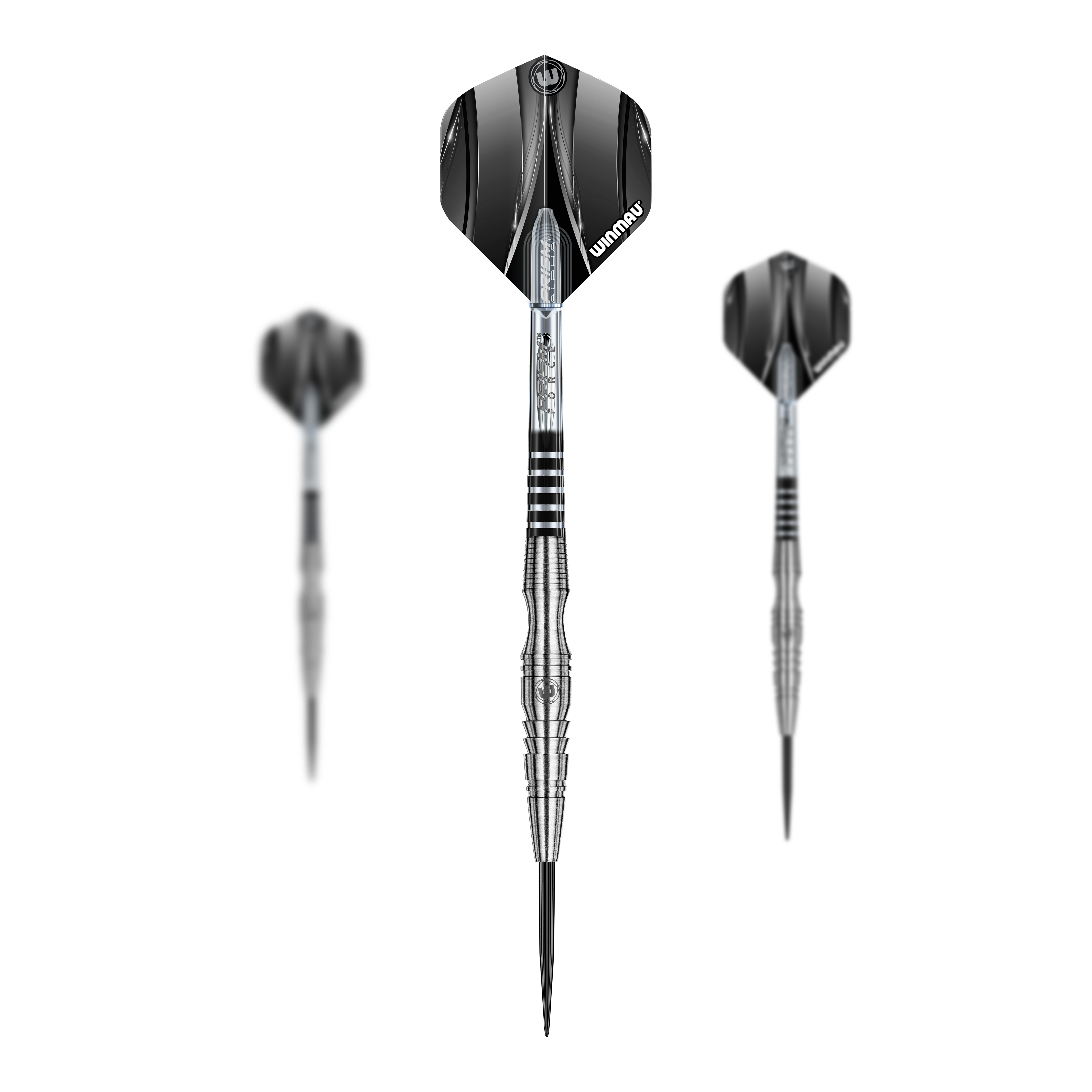 Winmau Sniper V3 Steeldarts Das Bild zeigt drei Winmau Sniper V3 Steeldarts mit silbernem Schaft und schwarzen Flights. Die Darts sind in einer frontalen und zwei seitlichen Ansichten dargestellt.