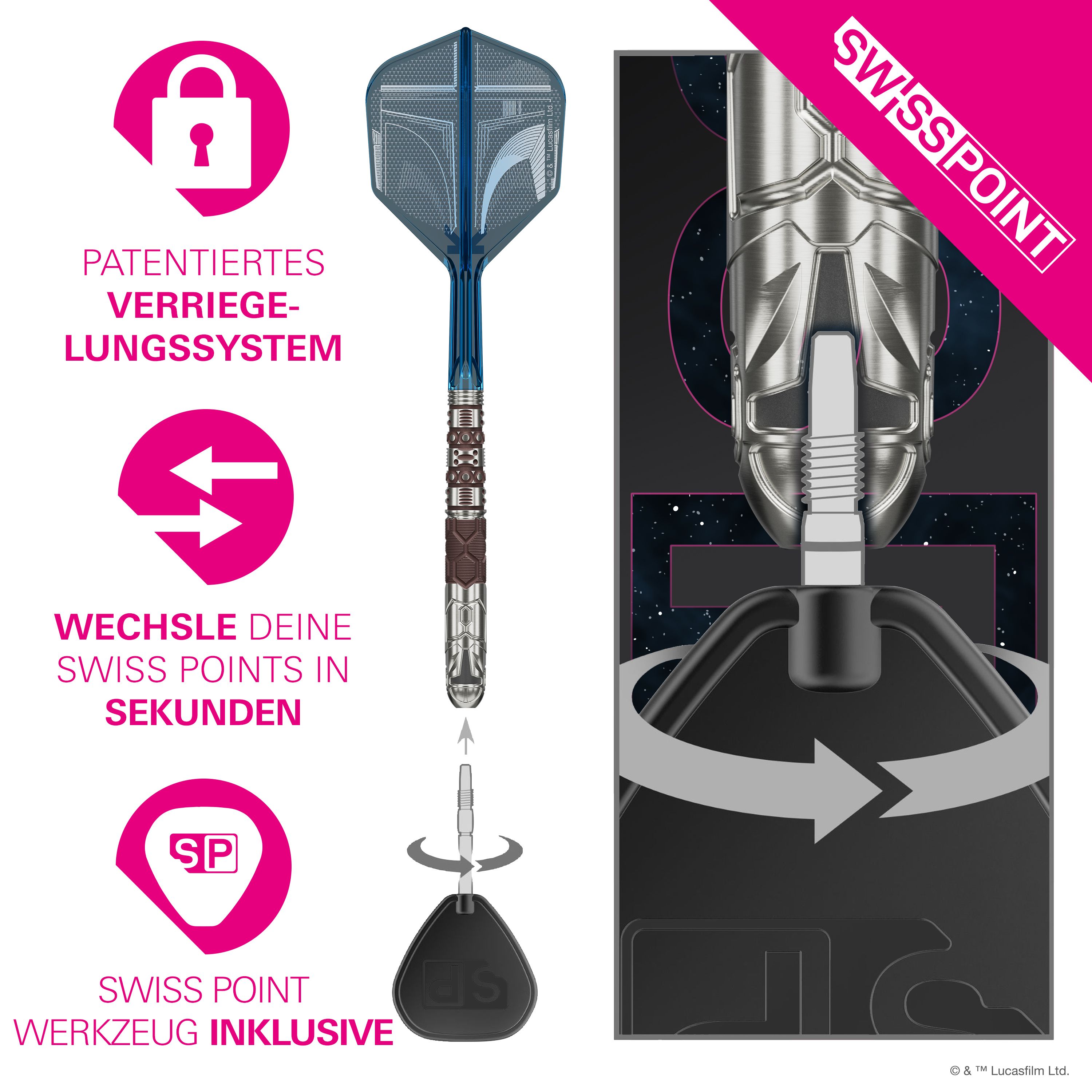 Target Star Wars Mandalorian 95 Swiss Point Steel Darts Das Bild zeigt die Target Star Wars Mandalorian 95 Swiss Point Steeldarts. Es handelt sich um hochwertige Steeldarts mit einem Mandalorian-Design.