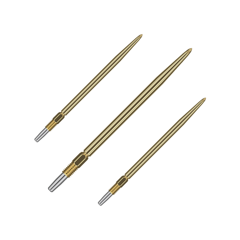 Target Swiss Point Gold dart tips Auf dem Bild sind drei goldene Dartspitzen zu sehen. Sie haben ein geriffeltes silbernes Endstück zur Befestigung.