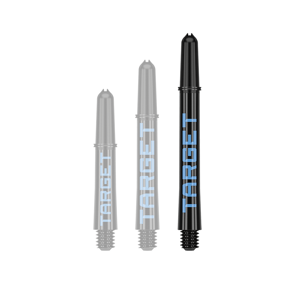 Auf dem Bild sind drei schwarze Dart-Schäfte in verschiedenen Längen zu sehen. Auf jedem Schaft steht das Wort "TARGET" in blauer Schrift.