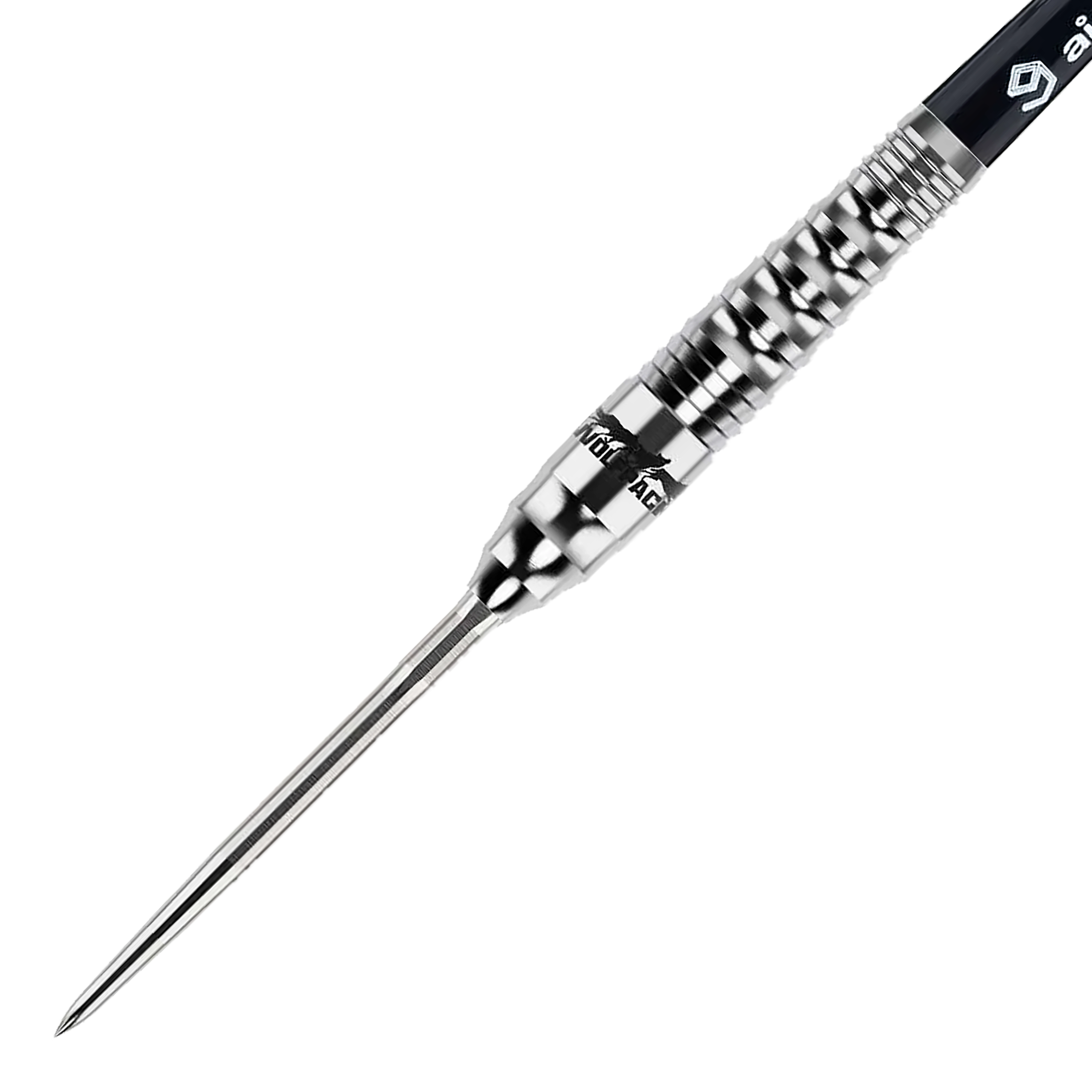 Caliburn Wolfpack W3 Steeldarts - 21g Das Bild zeigt einen Caliburn Wolfpack W3 Steeldart mit einem Gewicht von 21 Gramm. Der Dartpfeil ist silberfarben und hat eine strukturierte Griffzone für besseren Halt.