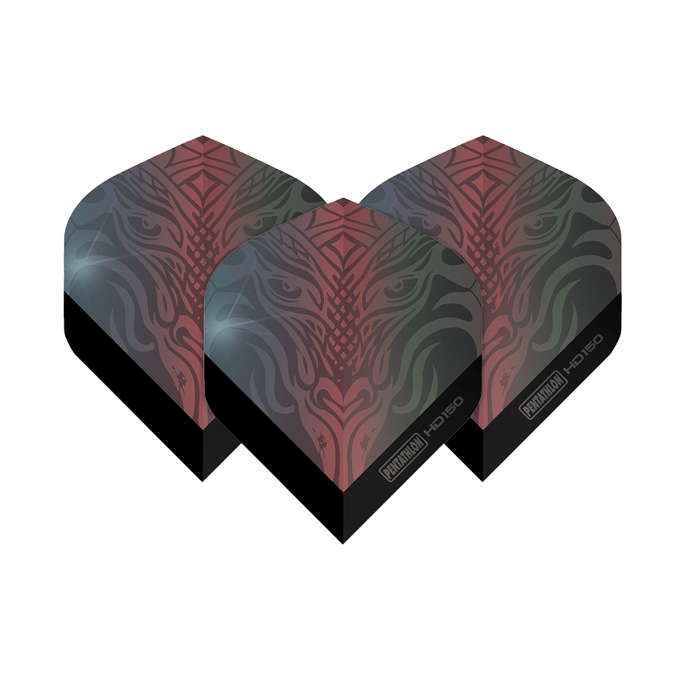 Pentathlon HD150 Metallic Gray Standard Flights Das Bild zeigt drei Pentathlon HD150 Metallic Grau Standard Flights für Dartpfeile. Die Flights haben ein auffälliges, mehrfarbiges Muster in Grau und Rot.