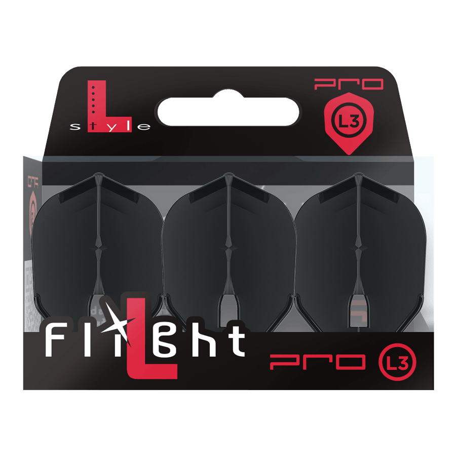 L-Style Flights Champagne - L3PRO Shape Auf dem Bild ist eine Verpackung mit drei schwarzen Dart-Flights der Marke L-Style zu sehen. Die Packung trägt die Bezeichnung „L3 PRO“ und ist modern gestaltet.