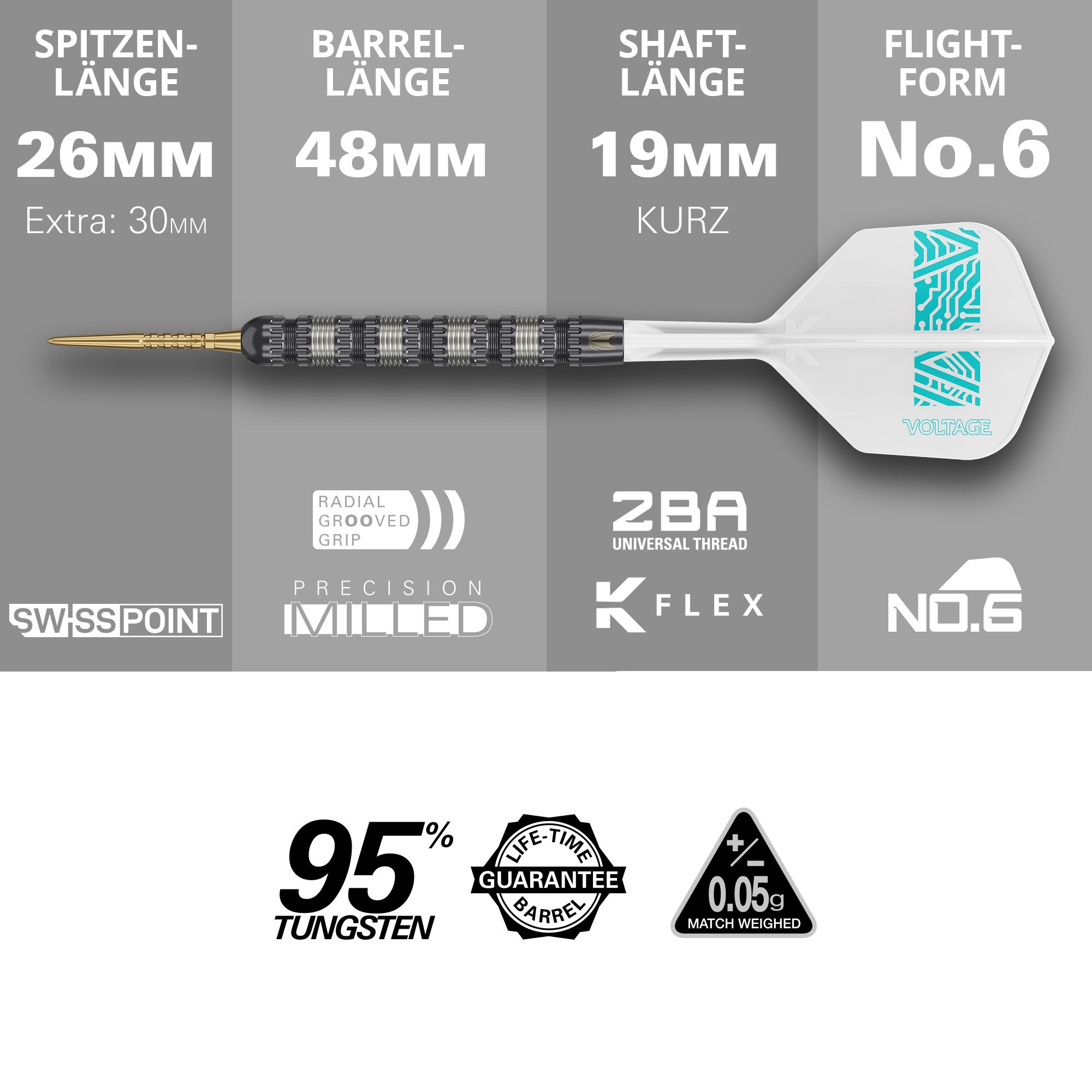 Target Rob Cross 95K Swiss Point Steel Darts Dieses Bild zeigt den Target Rob Cross 95K Swiss Point Steeldart mit technischen Details zu Spitze, Barrel, Schaft und Flight. Der Dart besteht zu 95% aus Wolfram und hat eine lebenslange Garantie auf das Barrel.