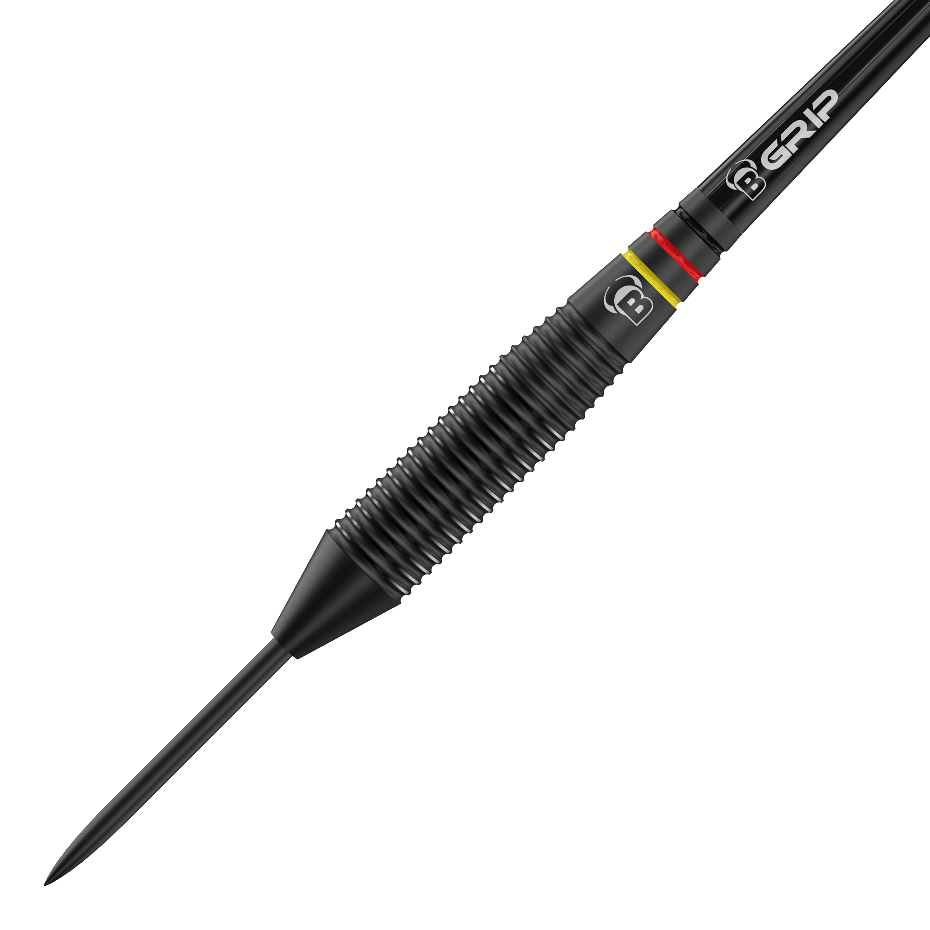 Bulls Martin Schindler The Wall Black Brass Steeldarts Das Bild zeigt einen schwarzen Steeldart aus der Produktreihe "Bulls Martin Schindler The Wall Black Brass Steeldarts". Der Dartpfeil hat ein geriffeltes Griffstück und farbige Ringe nahe dem Übergang zur Schaftaufnahme.