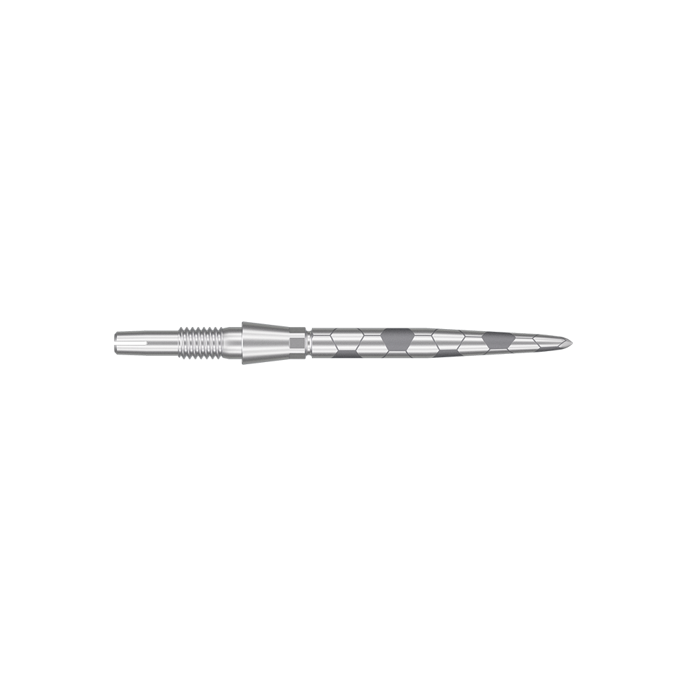 Target Swiss Storm Onyx Point Dart Tips - Silver Auf dem Bild ist eine silberne Dartspitze mit Rillen und sechseckigen Mustern zu sehen. Sie ist lang und schlank gestaltet.